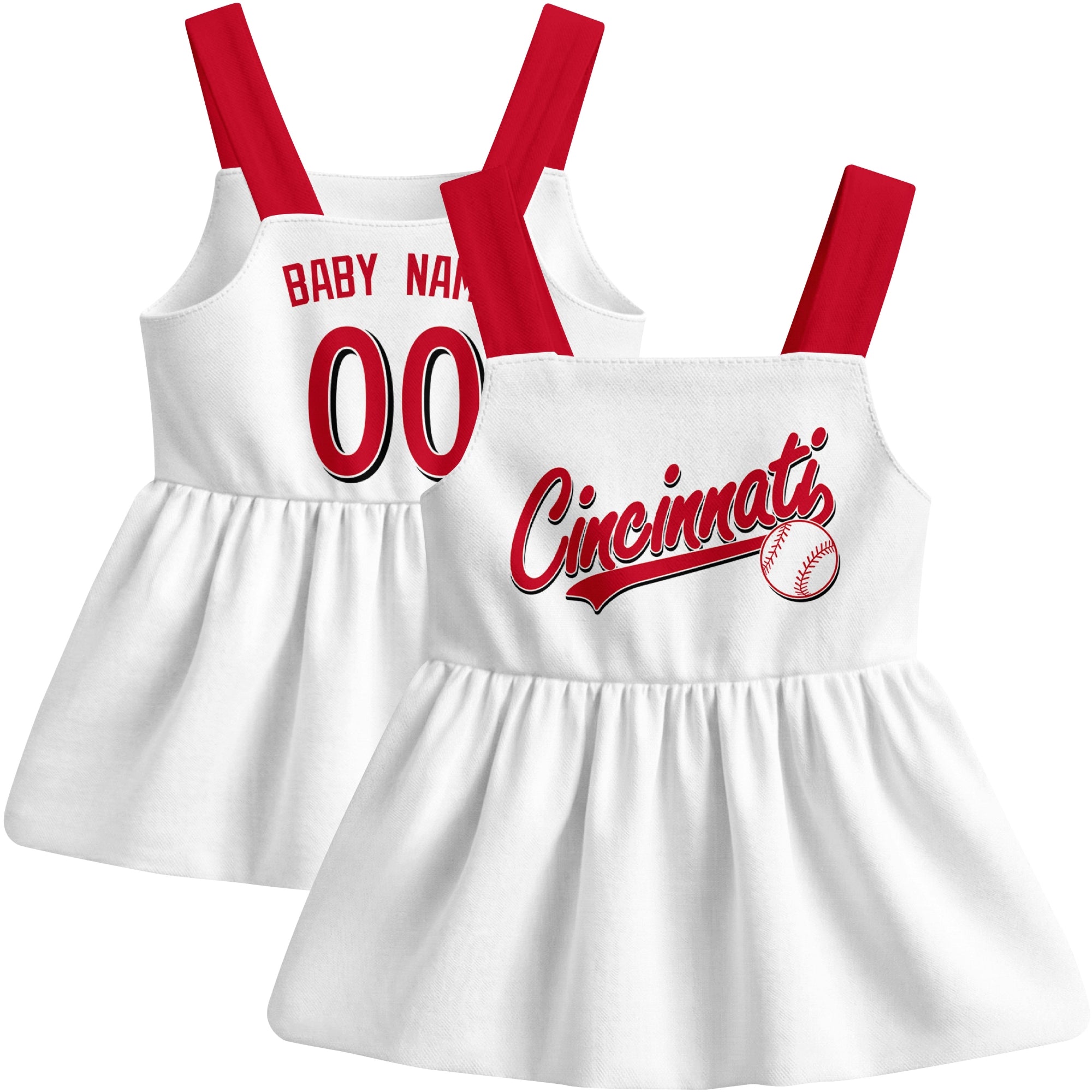 White Cincinnati-inspired baseball baby strap dress front and back view with custom name and number
