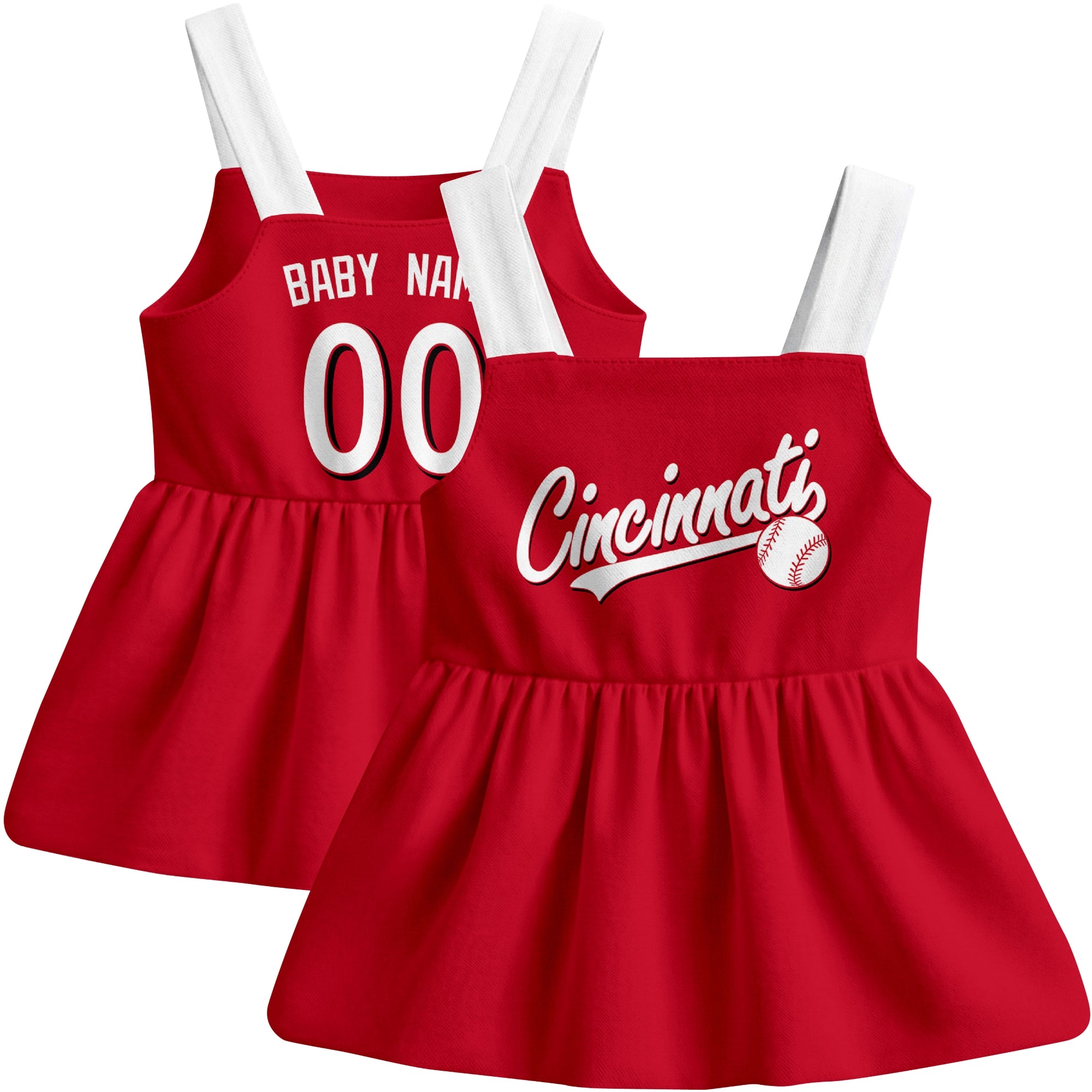 Red Cincinnati-inspired baseball baby strap dress front and back view with custom name and number