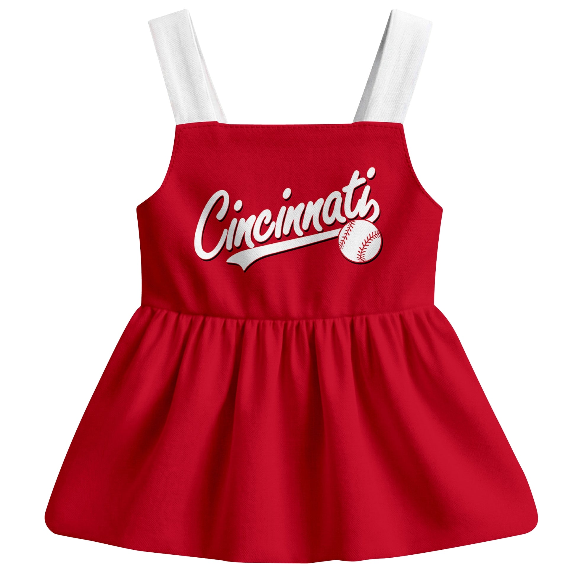 Red Cincinnati-inspired baseball baby strap dress front view with bold baseball graphic