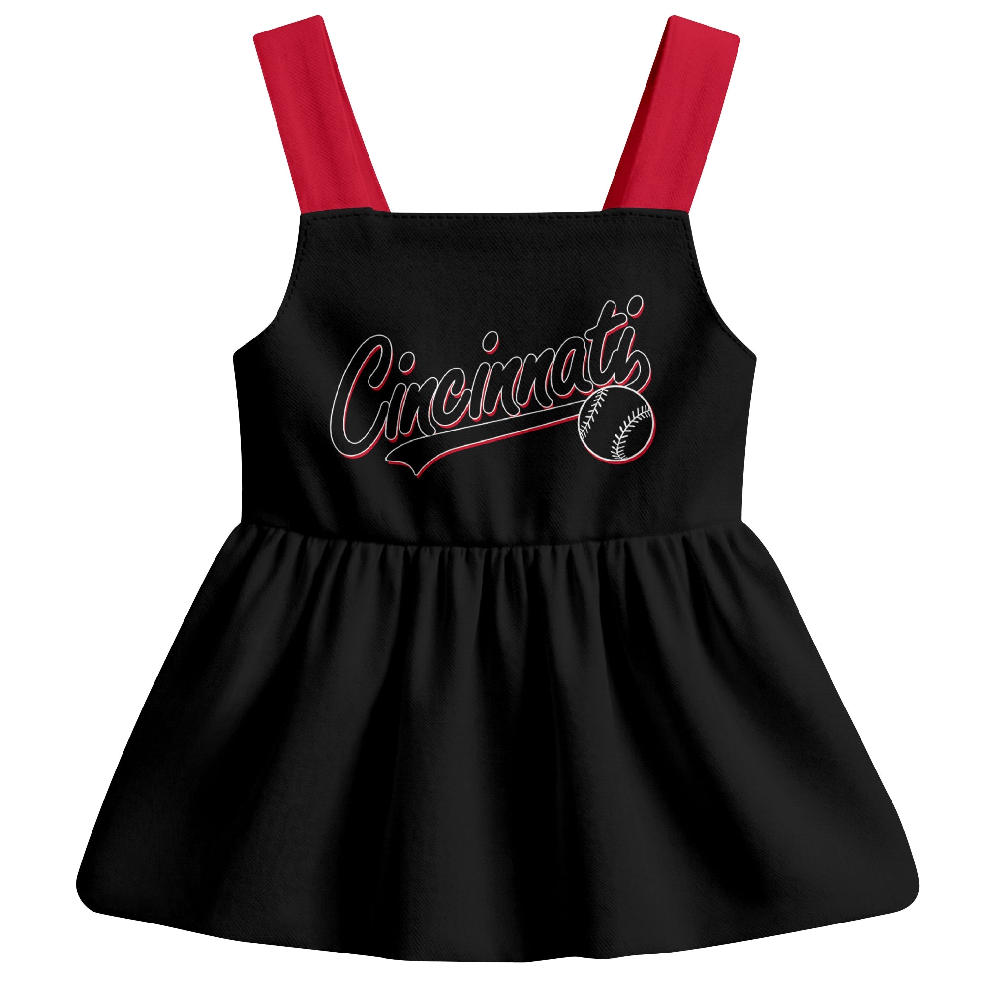 Black Cincinnati-inspired baseball baby strap dress front view with bold baseball graphic