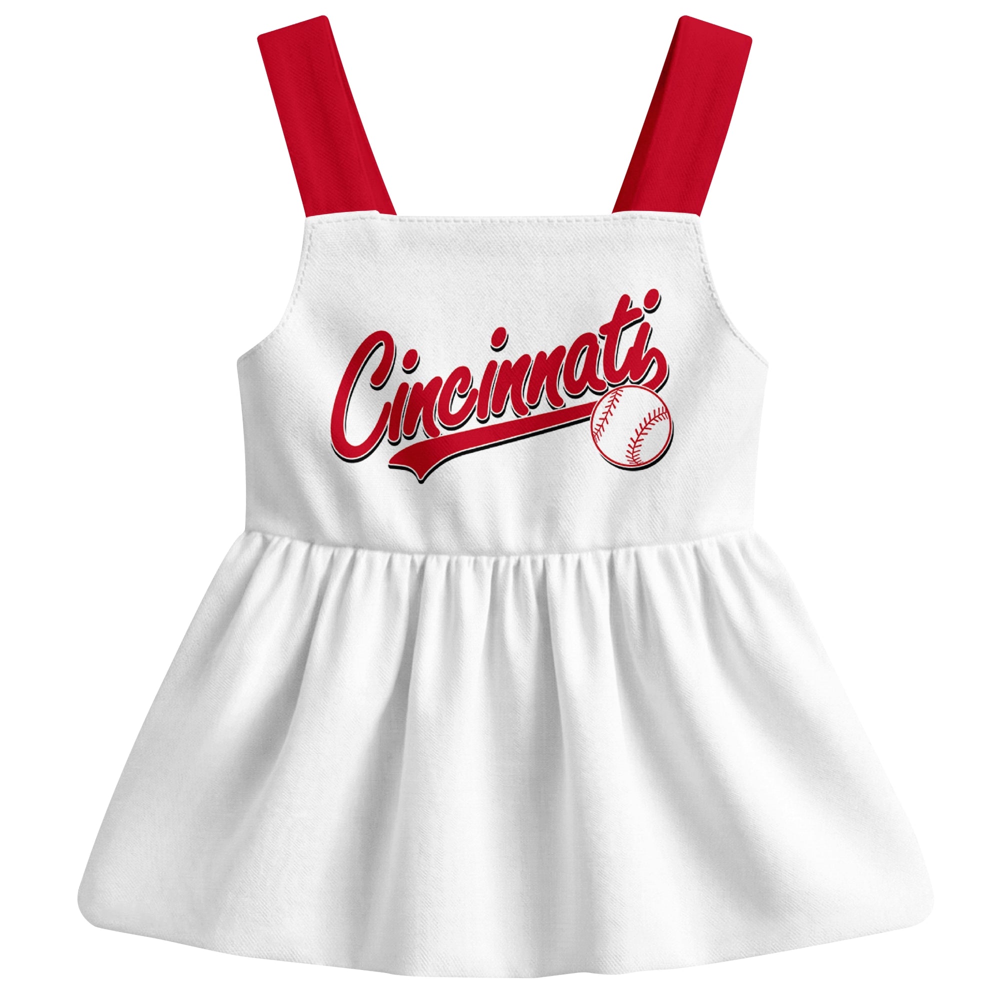 White Cincinnati-inspired baseball baby strap dress front view with bold baseball graphic