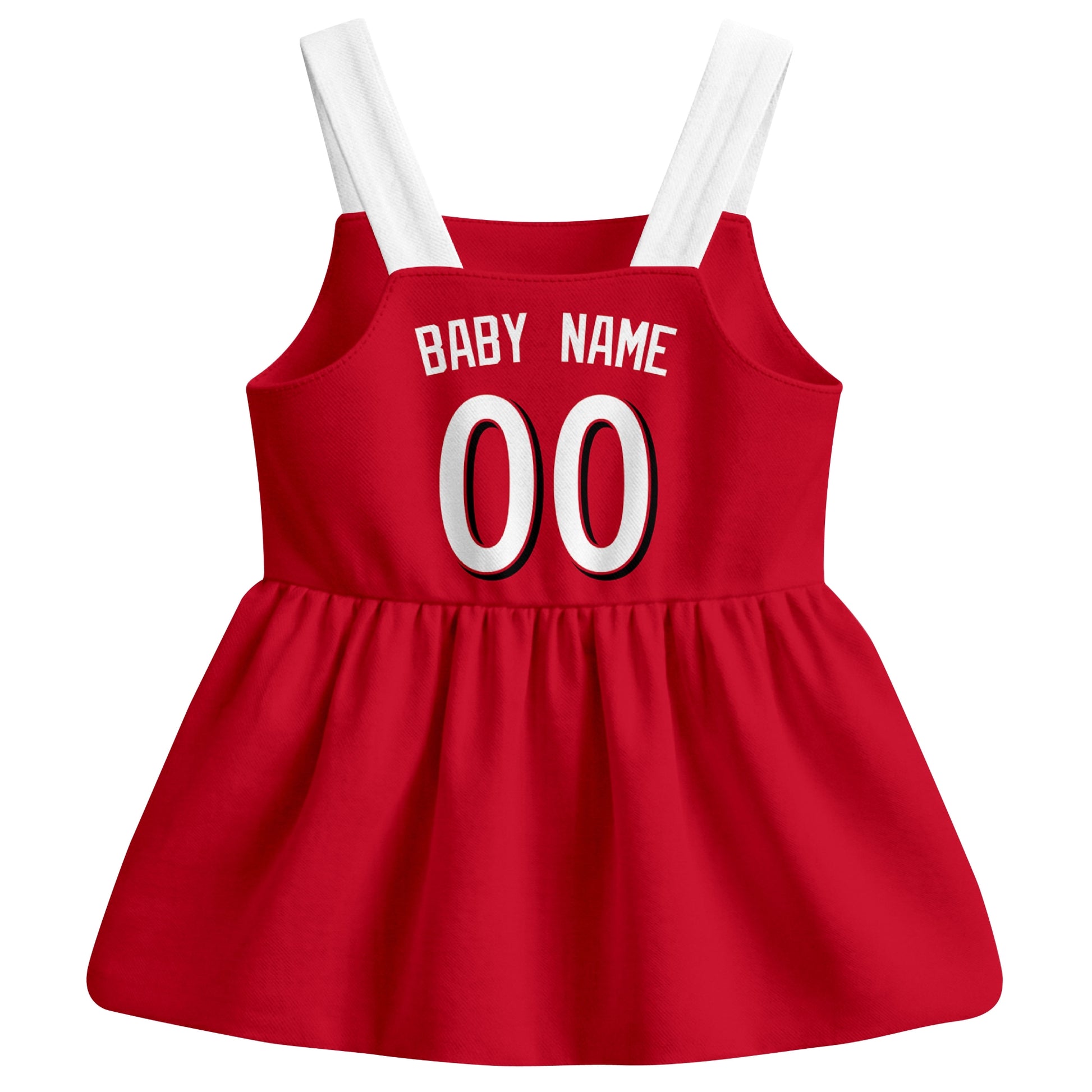 Red Cincinnati-inspired baseball baby strap dress back view with custom baby name and number