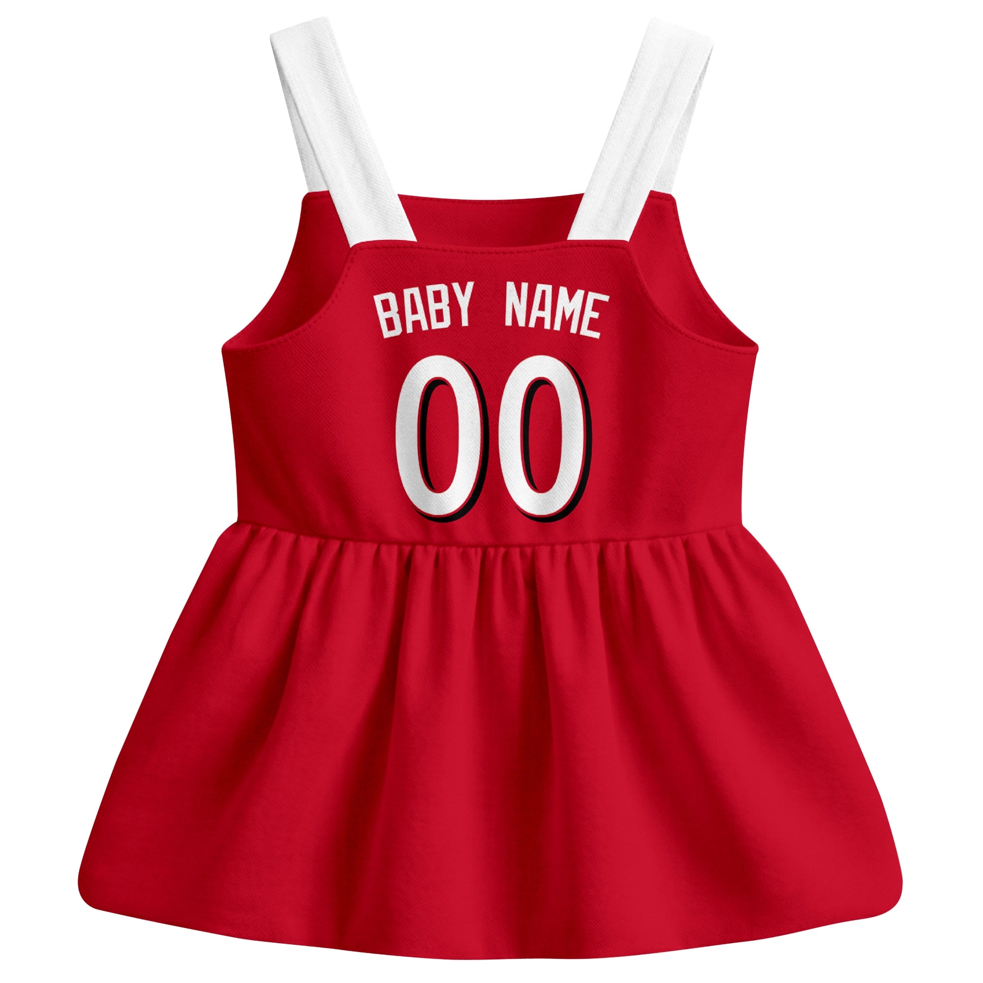 Red Cincinnati-inspired baseball baby strap dress back view with custom baby name and number