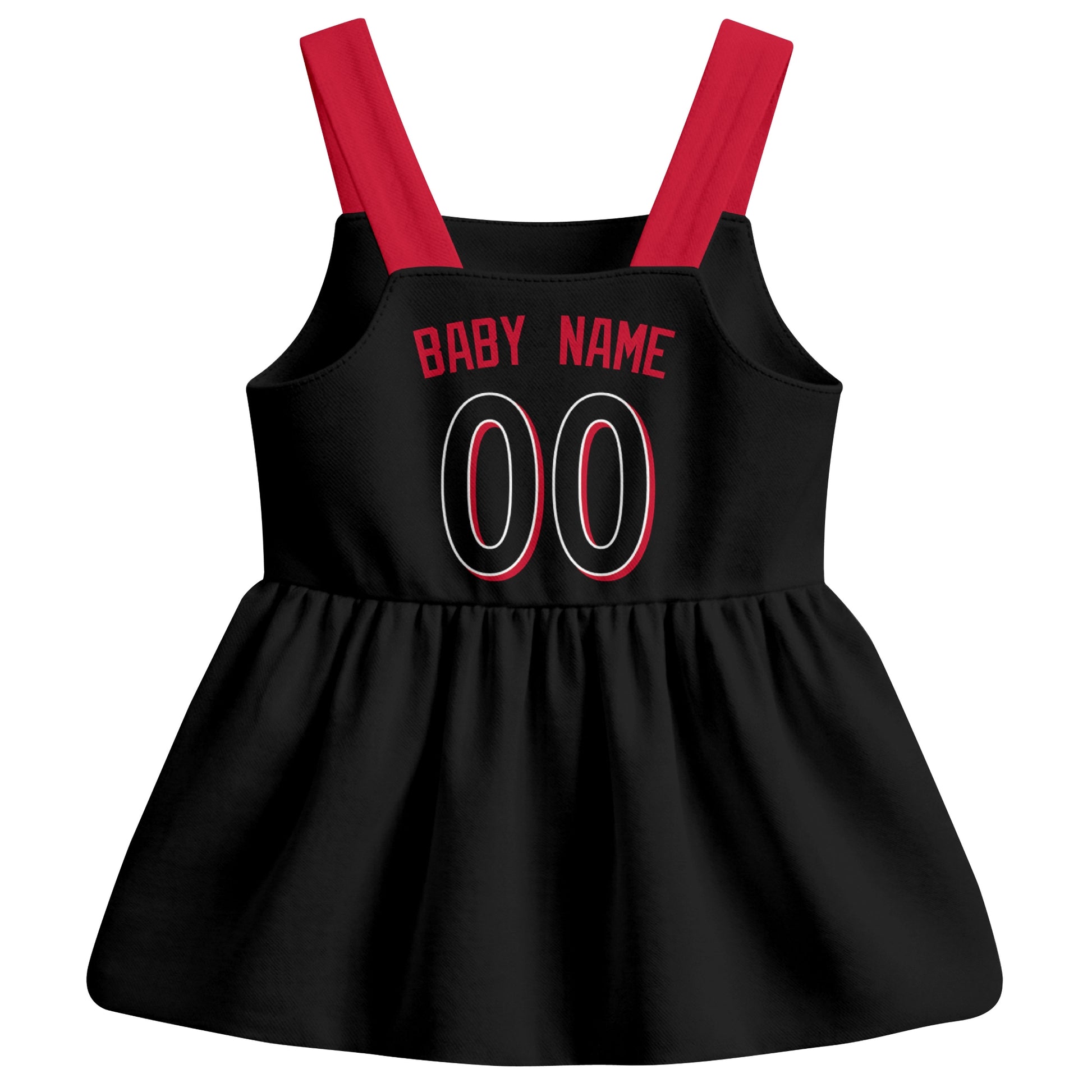 Black Cincinnati-inspired baseball baby strap dress back view with custom baby name and number