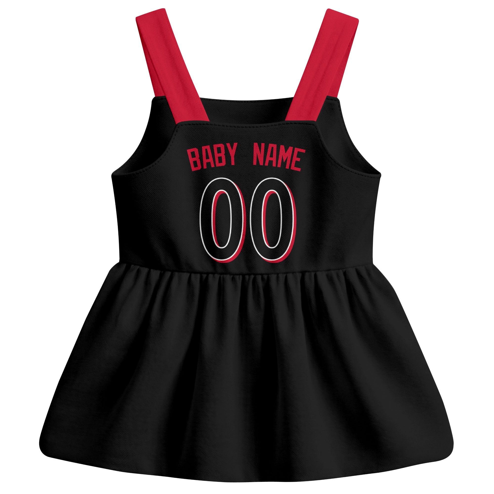 Black Cincinnati-inspired baseball baby strap dress back view with custom baby name and number