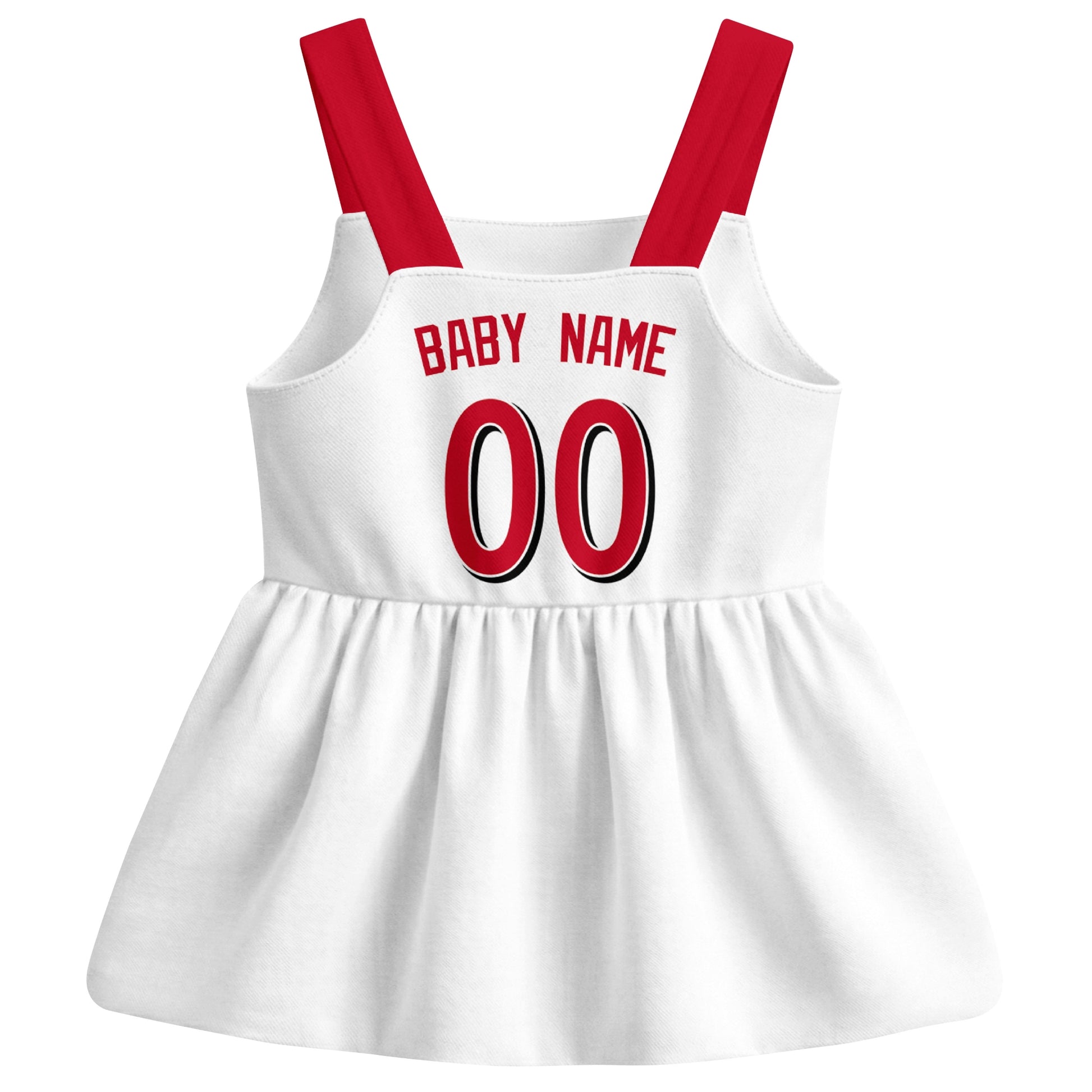 White Cincinnati-inspired baseball baby strap dress back view with custom baby name and number