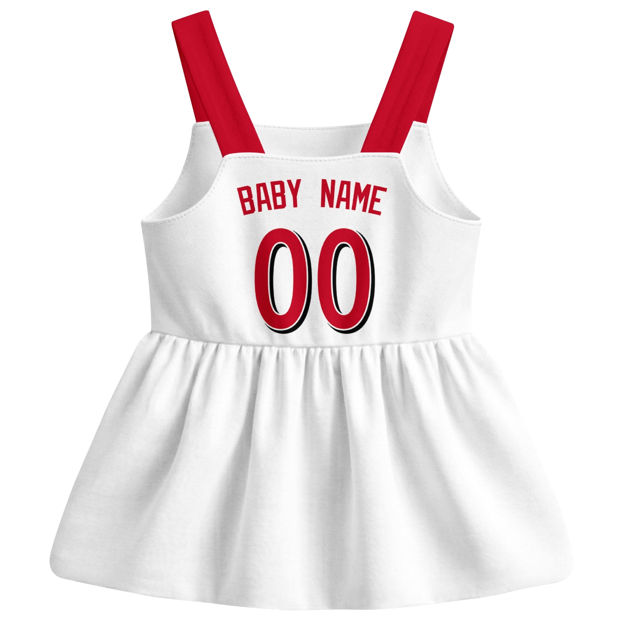 White Cincinnati-inspired baseball baby strap dress back view with custom baby name and number