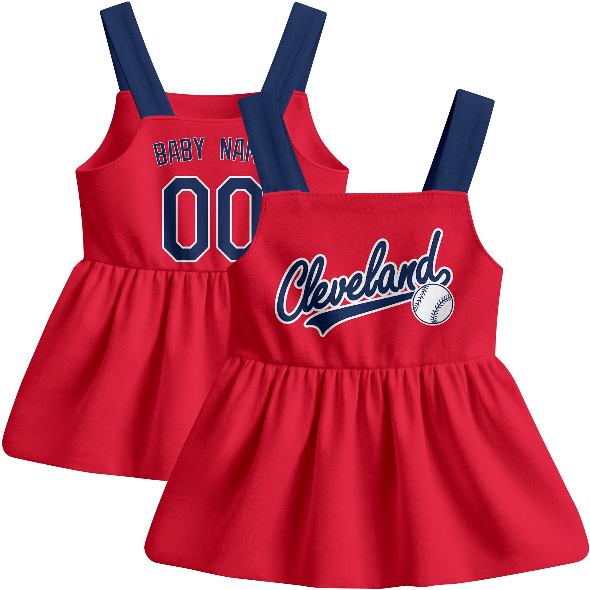 Red Cleveland-inspired baseball baby strap dress front and back view with custom name and number