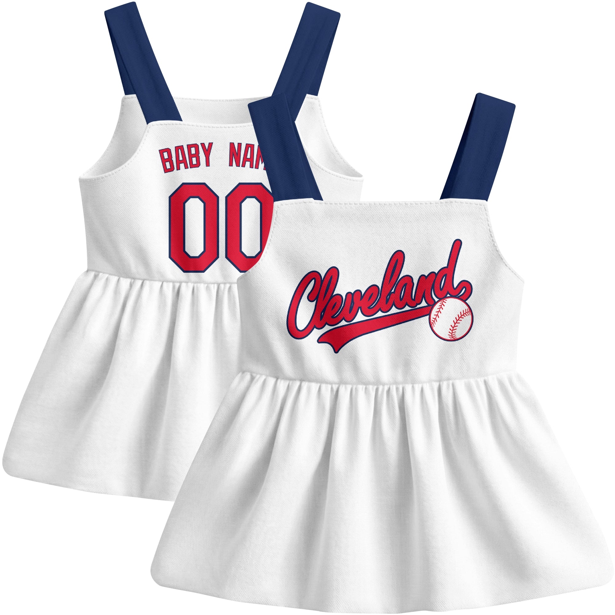 White Cleveland-inspired baseball baby strap dress front and back view with custom name and number
