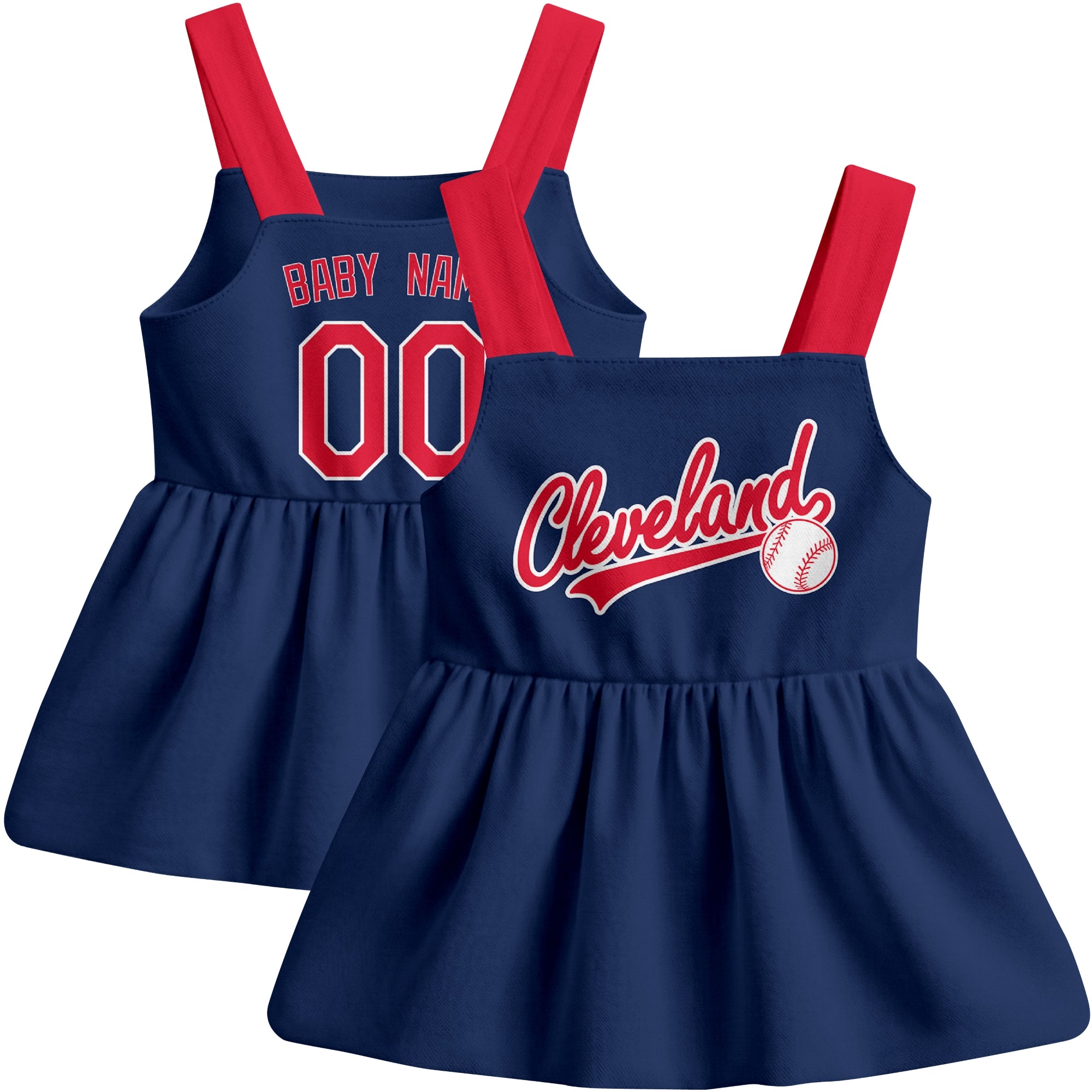 Navy Cleveland-inspired baseball baby strap dress front and back view with custom name and number