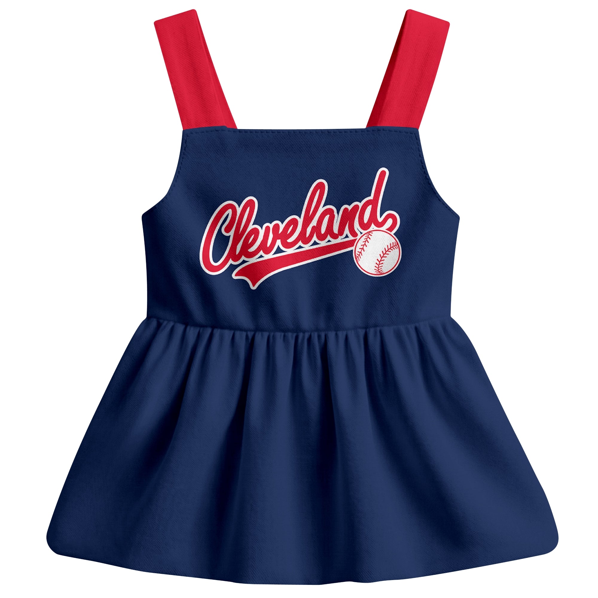 Navy Cleveland-inspired baseball baby strap dress front view with bold baseball graphic