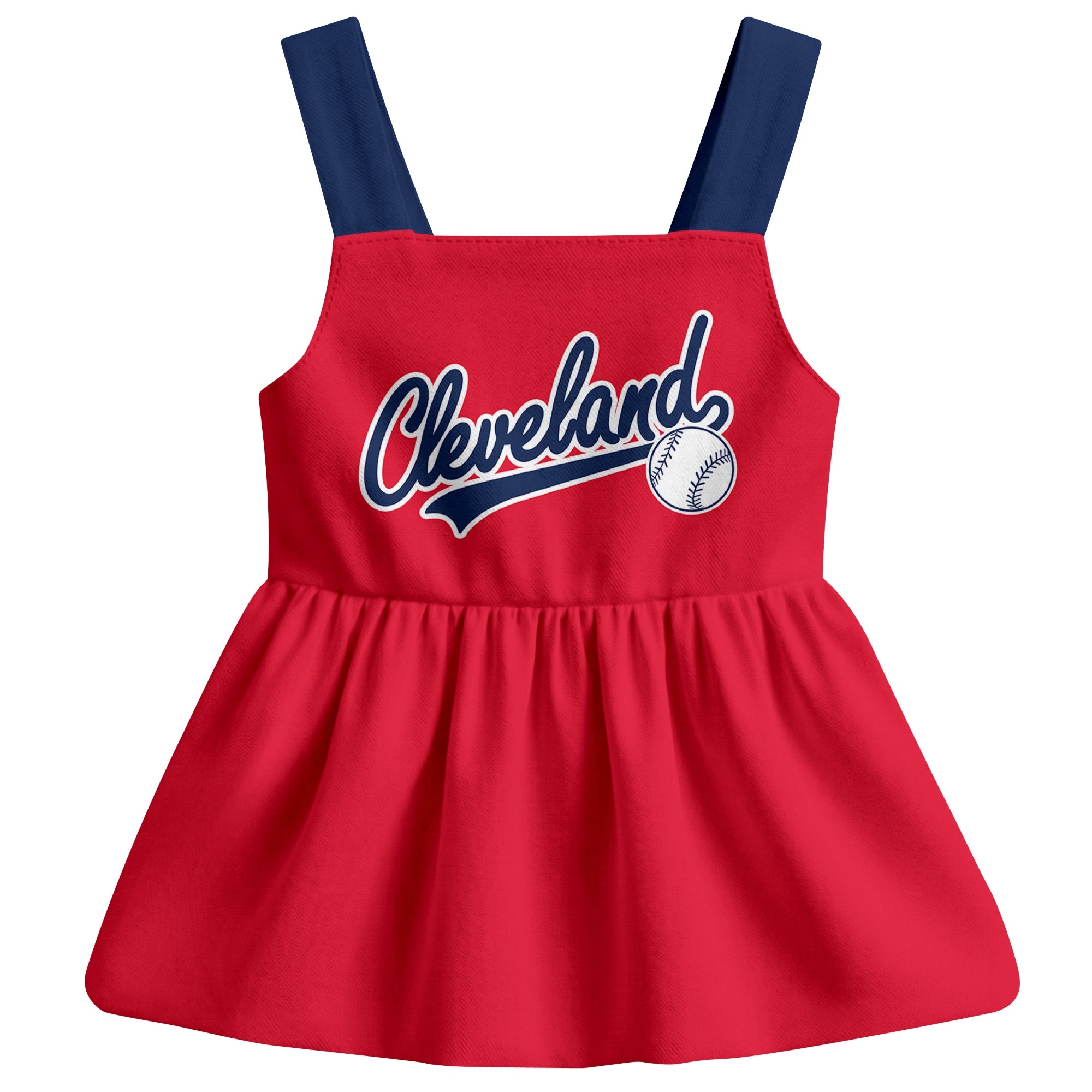 Red Cleveland-inspired baseball baby strap dress front view with bold baseball graphic