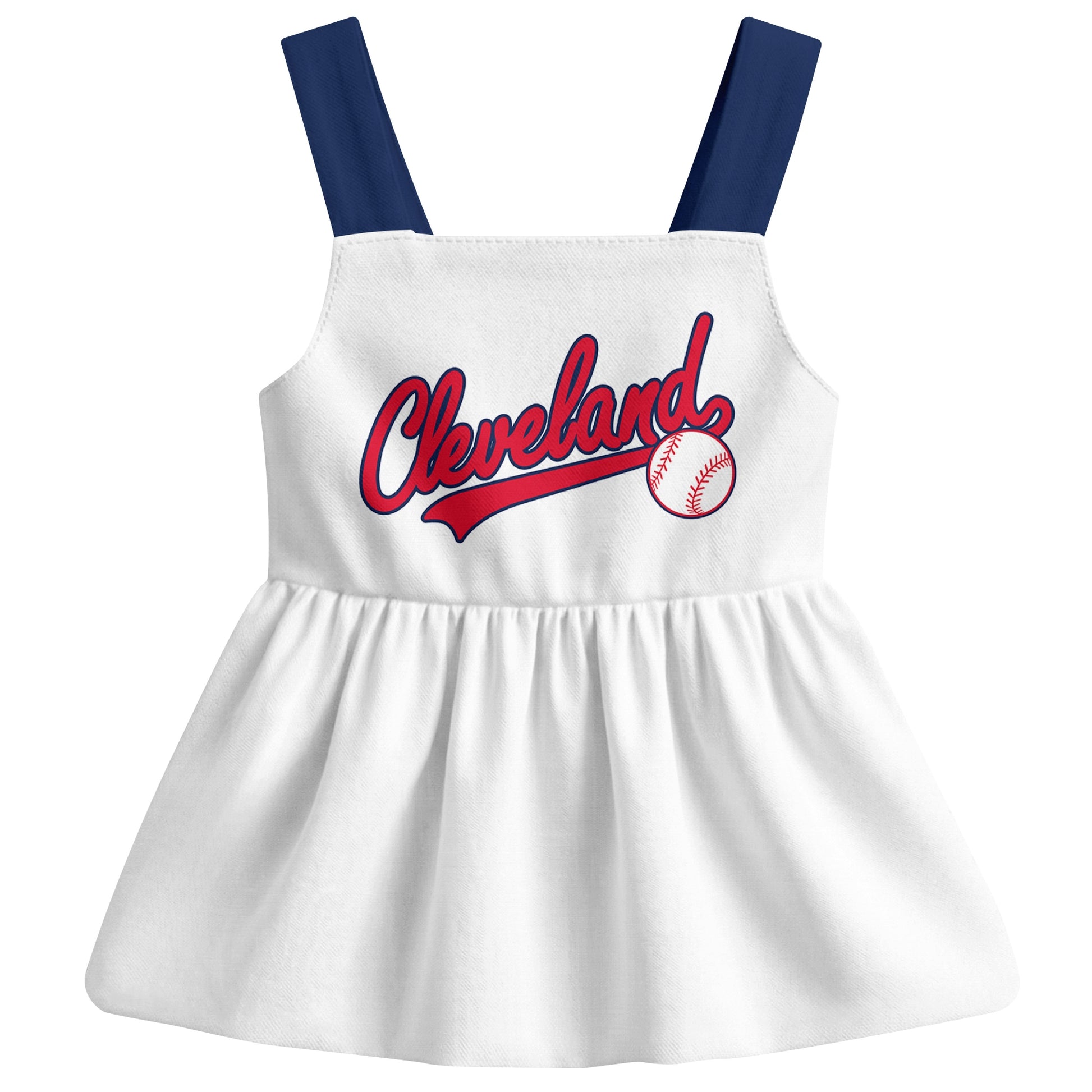 White Cleveland-inspired baseball baby strap dress front view with bold baseball graphic