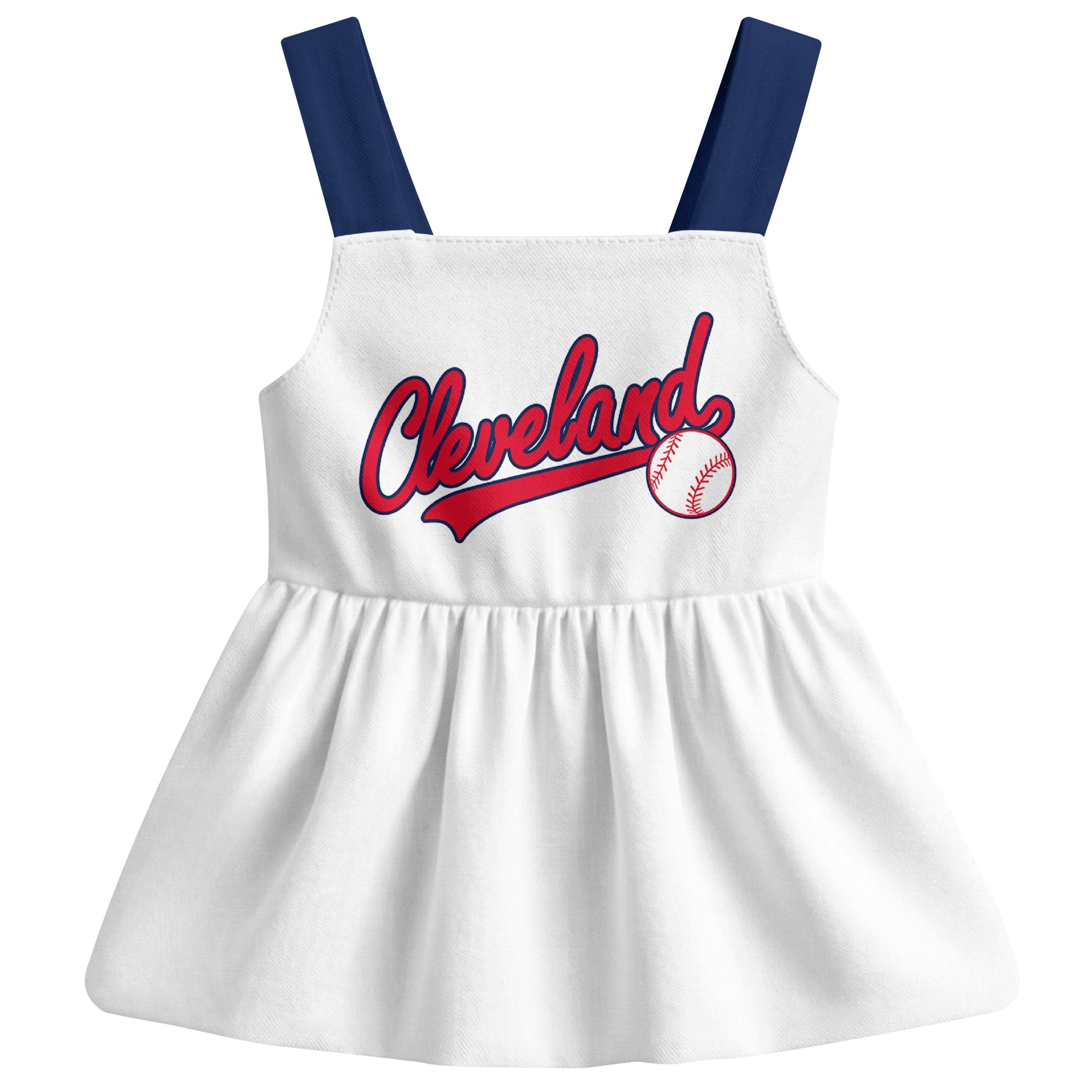White Cleveland-inspired baseball baby strap dress front view with bold baseball graphic