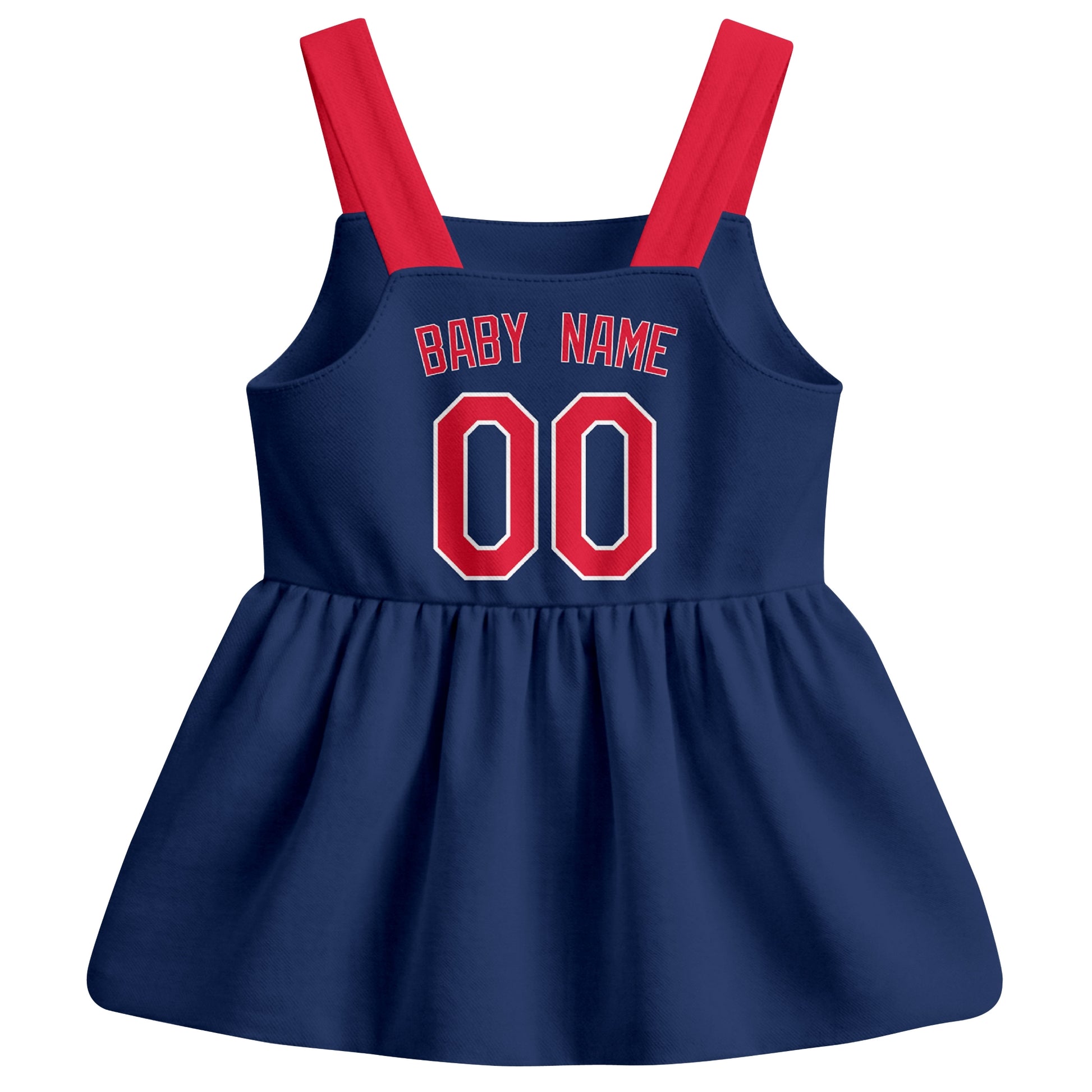 Navy Cleveland-inspired baseball baby strap dress back view with custom baby name and number
