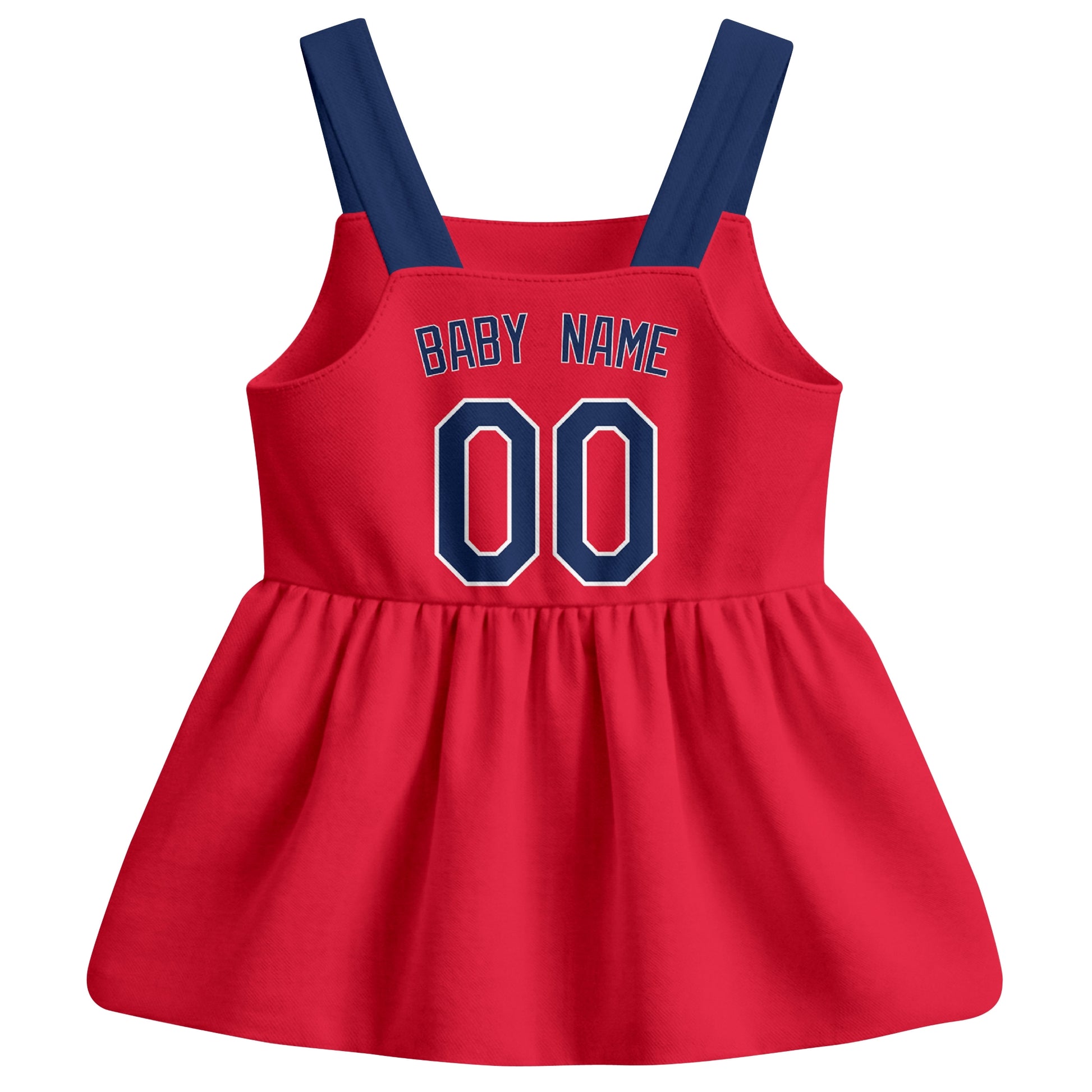 Red Cleveland-inspired baseball baby strap dress back view with custom baby name and number