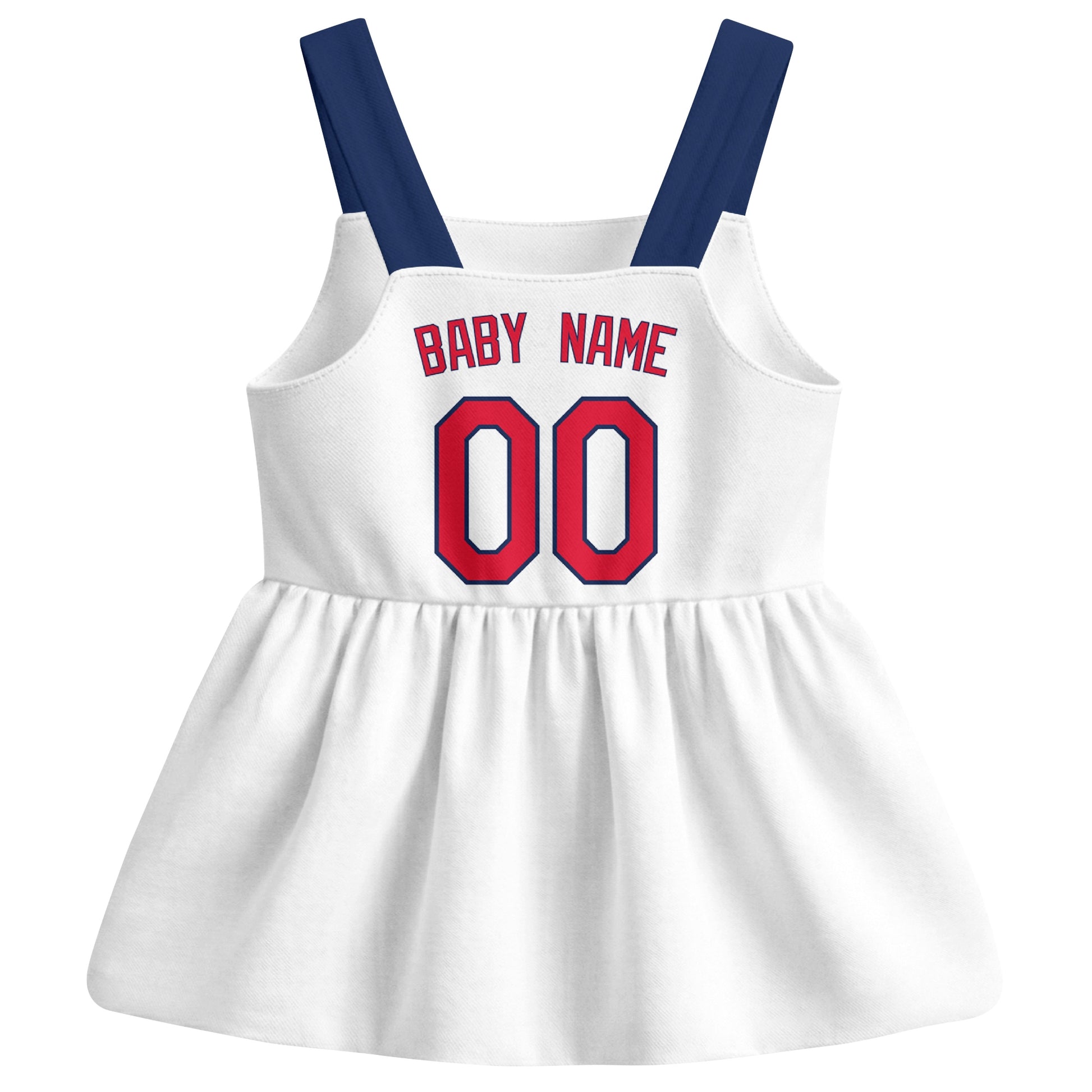 White Cleveland-inspired baseball baby strap dress back view with custom baby name and number