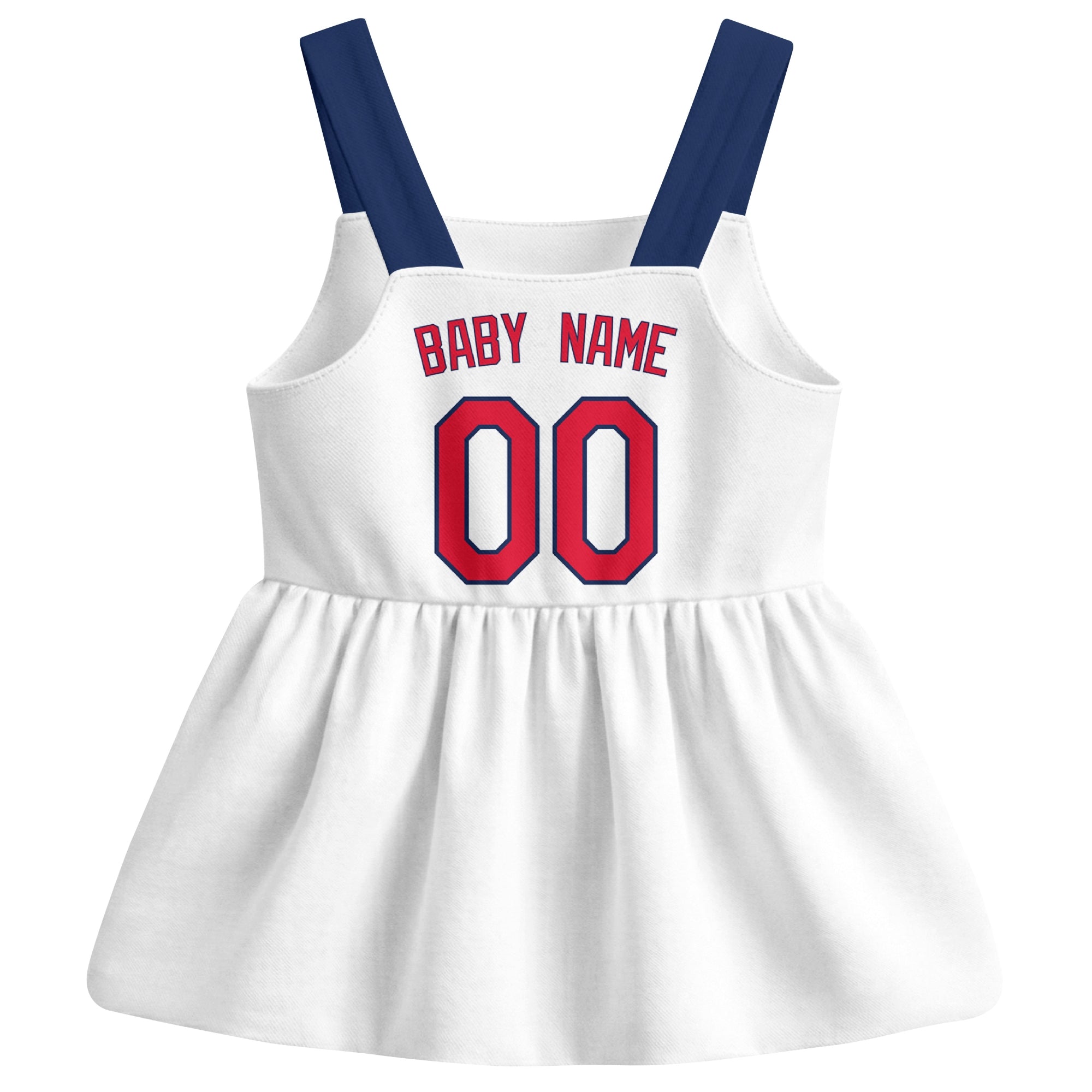 White Cleveland-inspired baseball baby strap dress back view with custom baby name and number