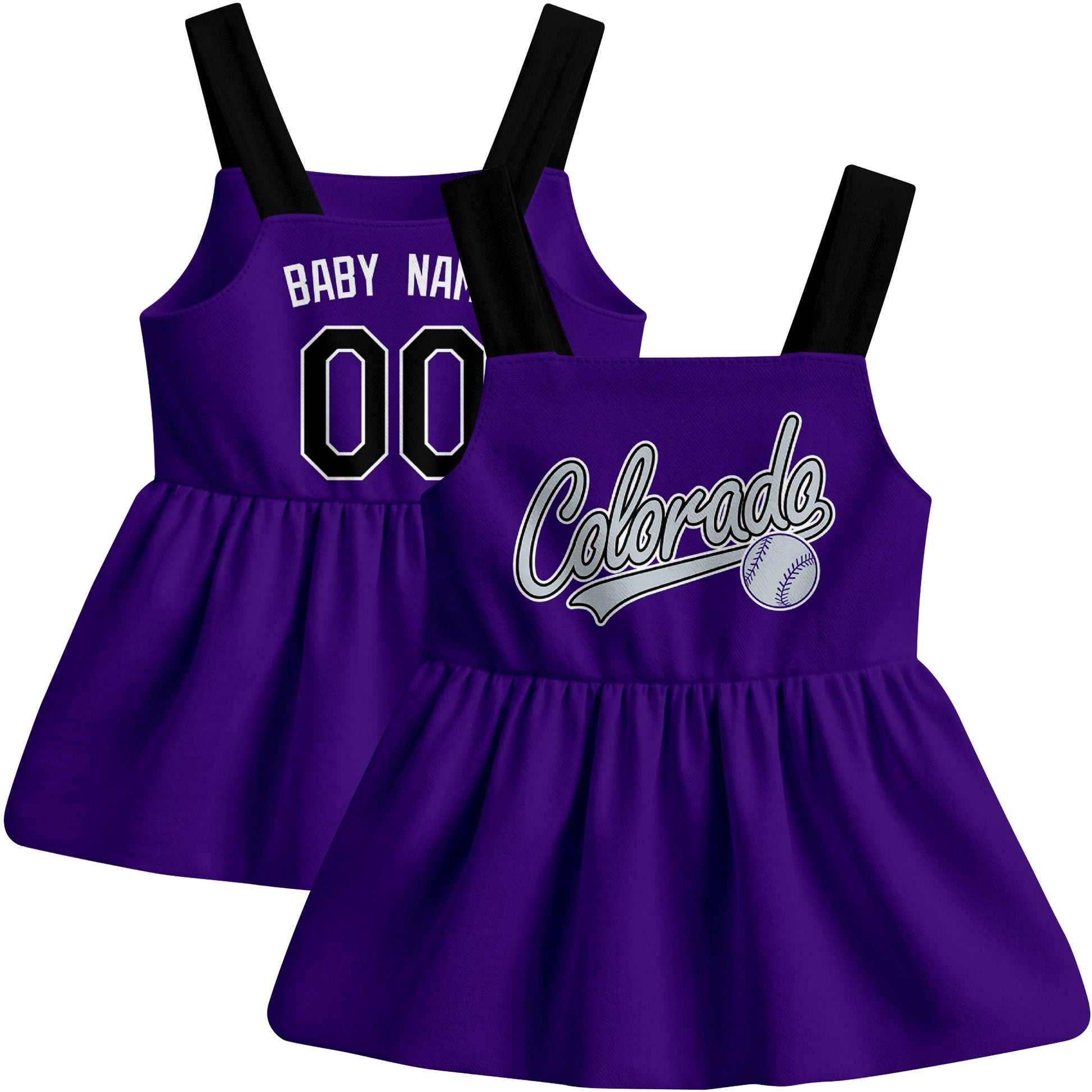 Purple Colorado-inspired baseball baby strap dress front and back view with custom name and number