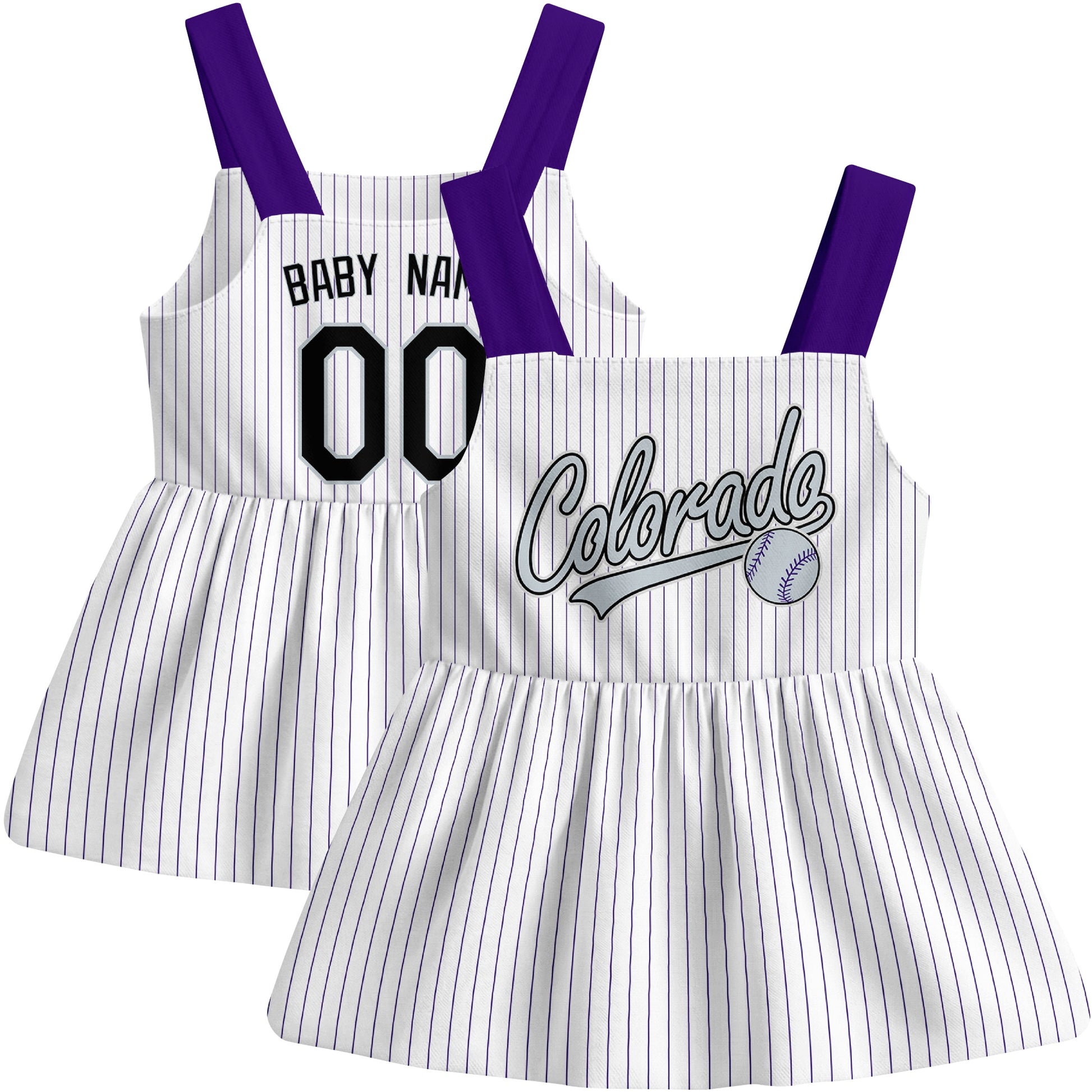 White Colorado-inspired baseball baby strap dress front and back view with custom name and number
