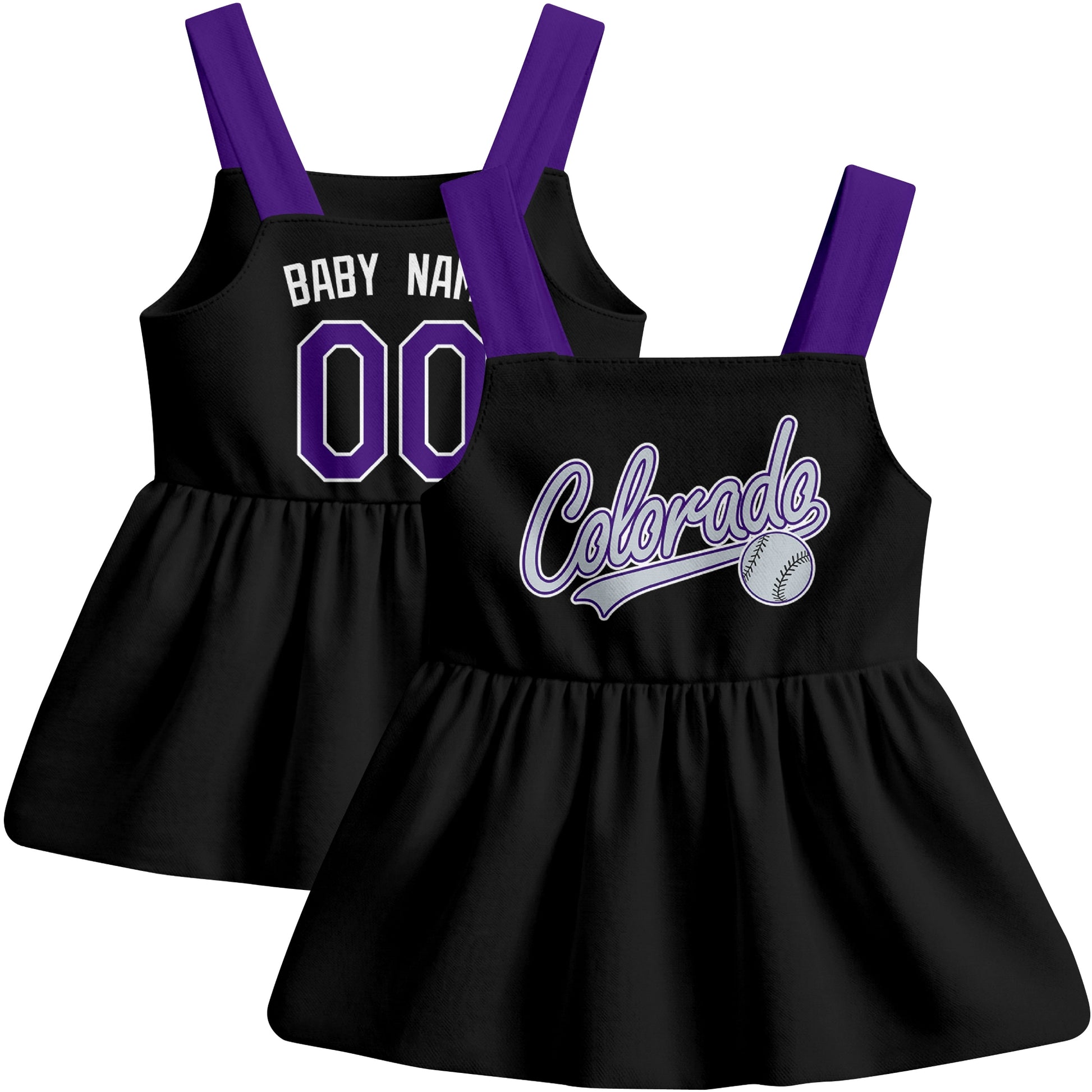 Black Colorado-inspired baseball baby strap dress front and back view with custom name and number