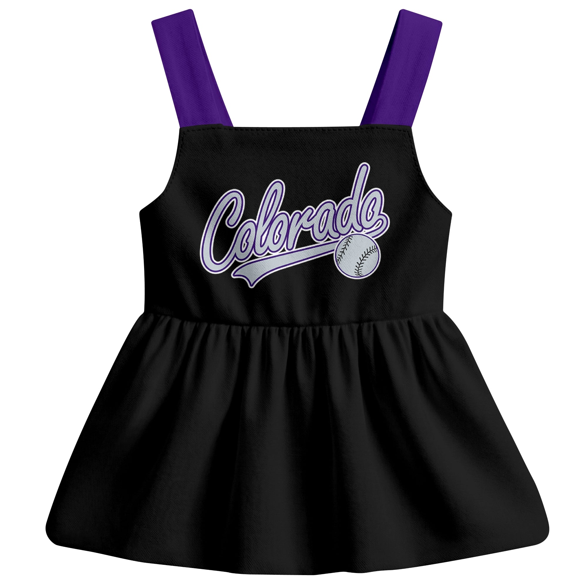 Black Colorado-inspired baseball baby strap dress front view with bold baseball graphic