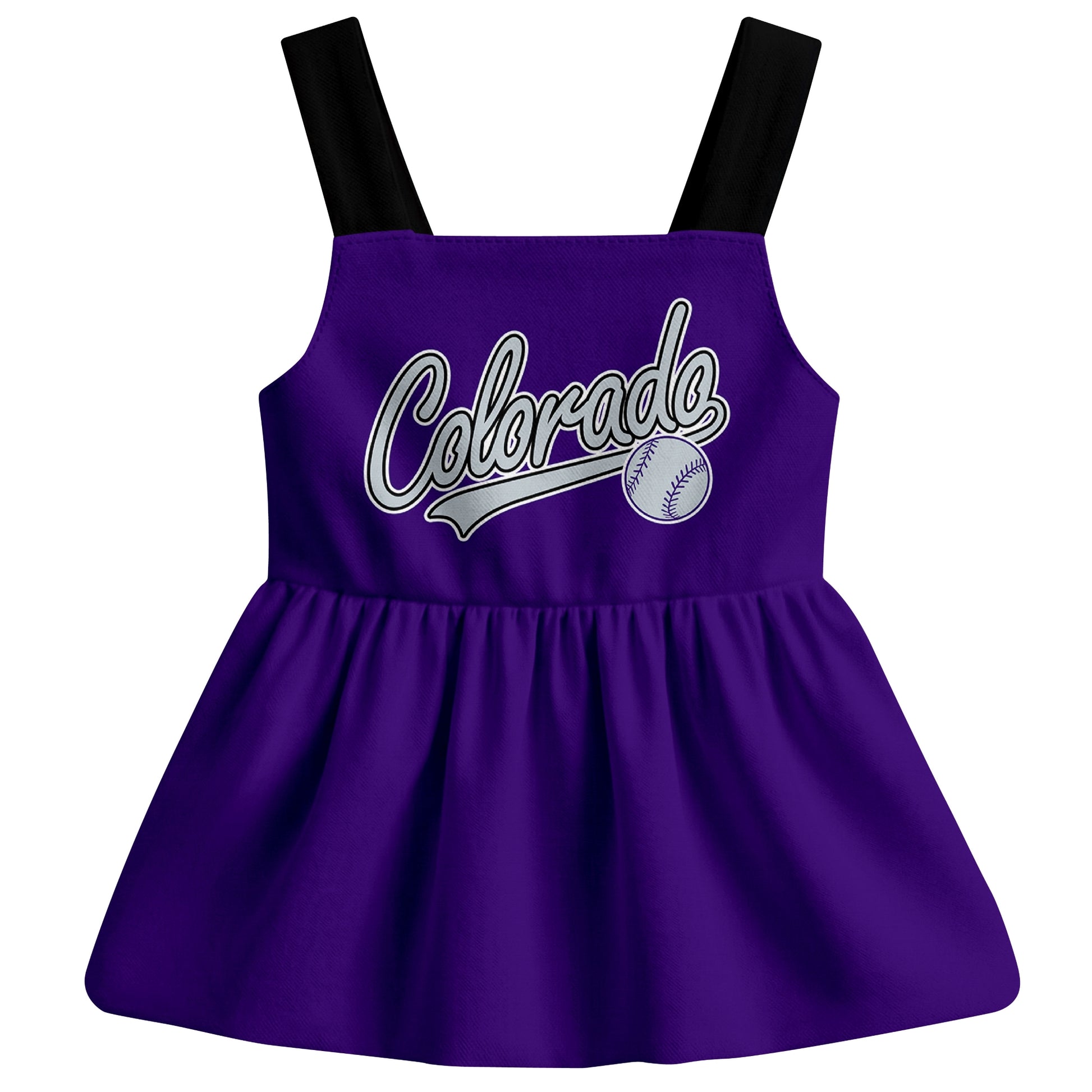 Purple Colorado-inspired baseball baby strap dress front view with bold baseball graphic