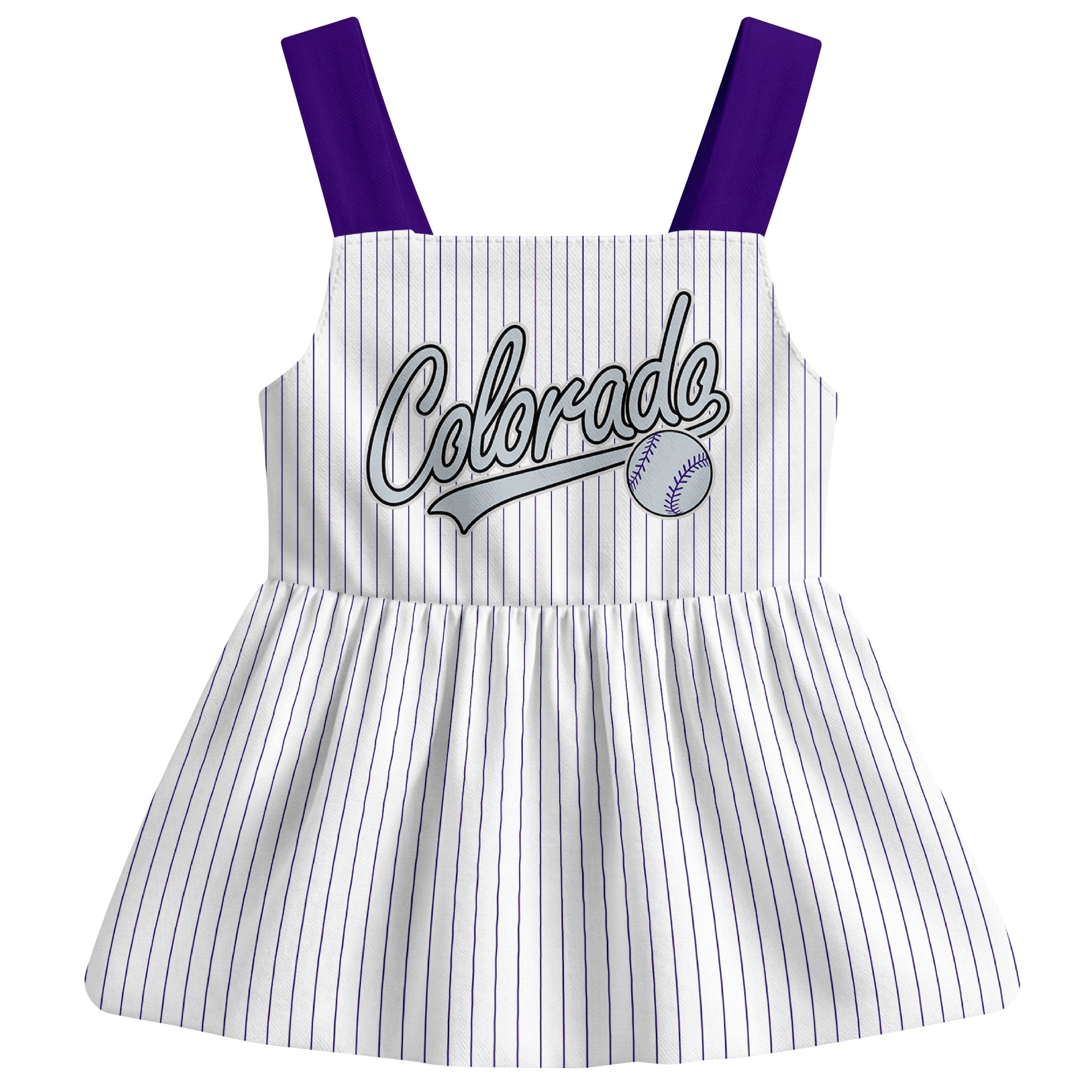White Colorado-inspired baseball baby strap dress front view with bold baseball graphic