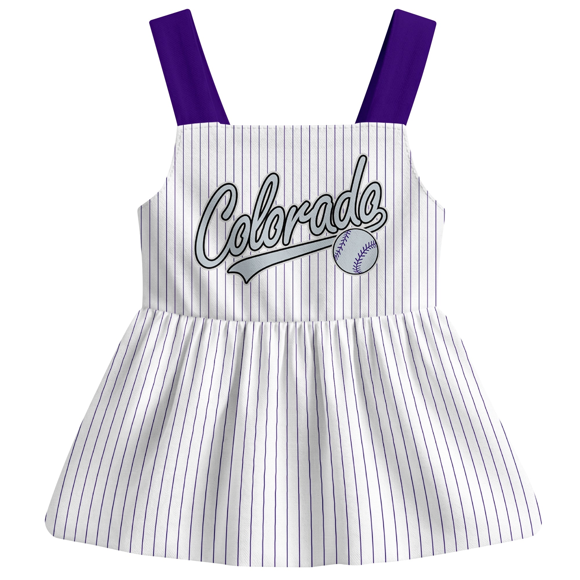 White Colorado-inspired baseball baby strap dress front view with bold baseball graphic