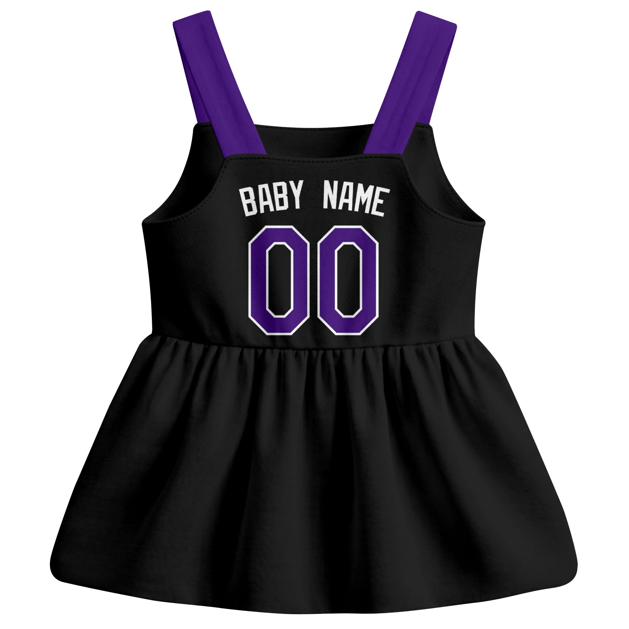 Black Colorado-inspired baseball baby strap dress back view with custom baby name and number