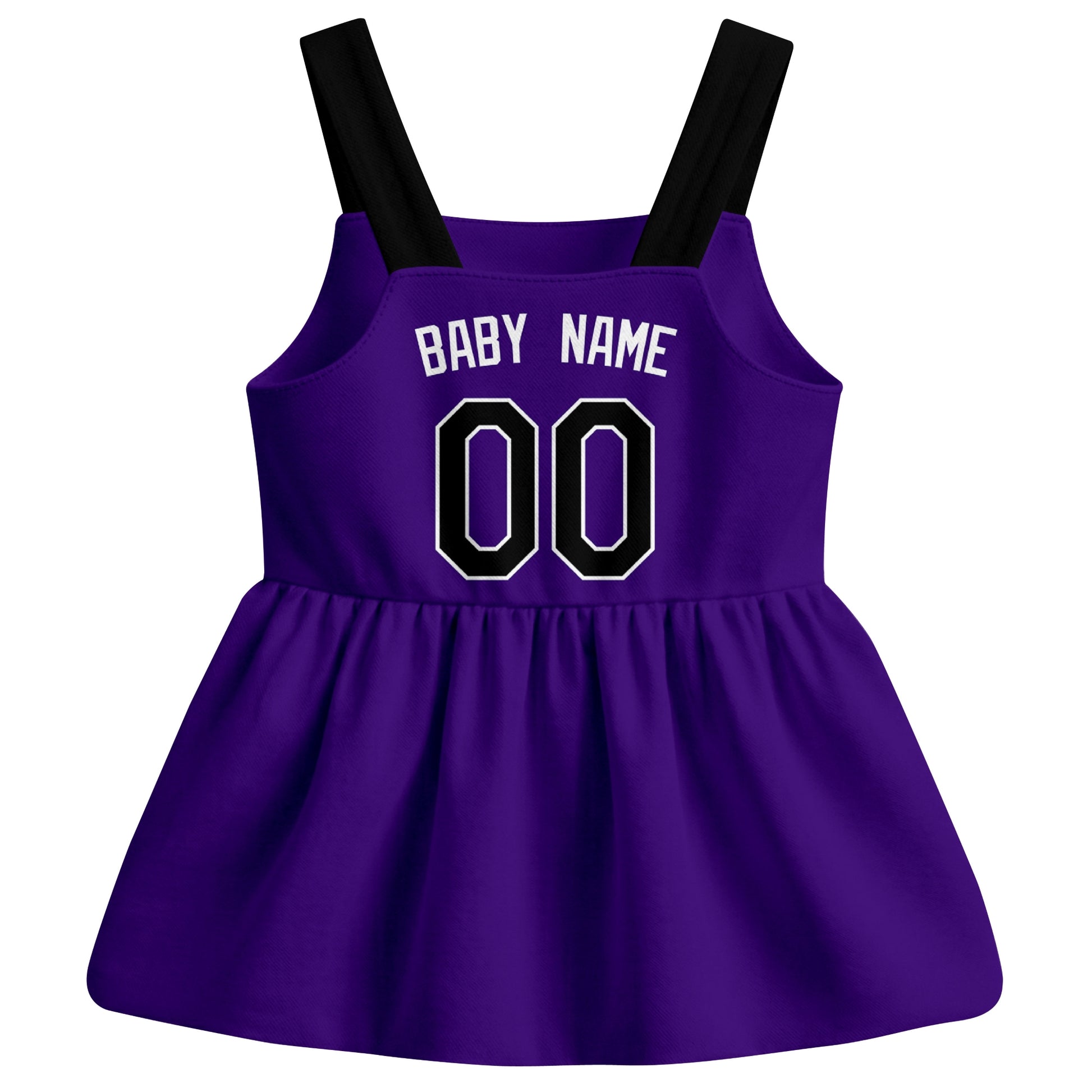 Purple Colorado-inspired baseball baby strap dress back view with custom baby name and number