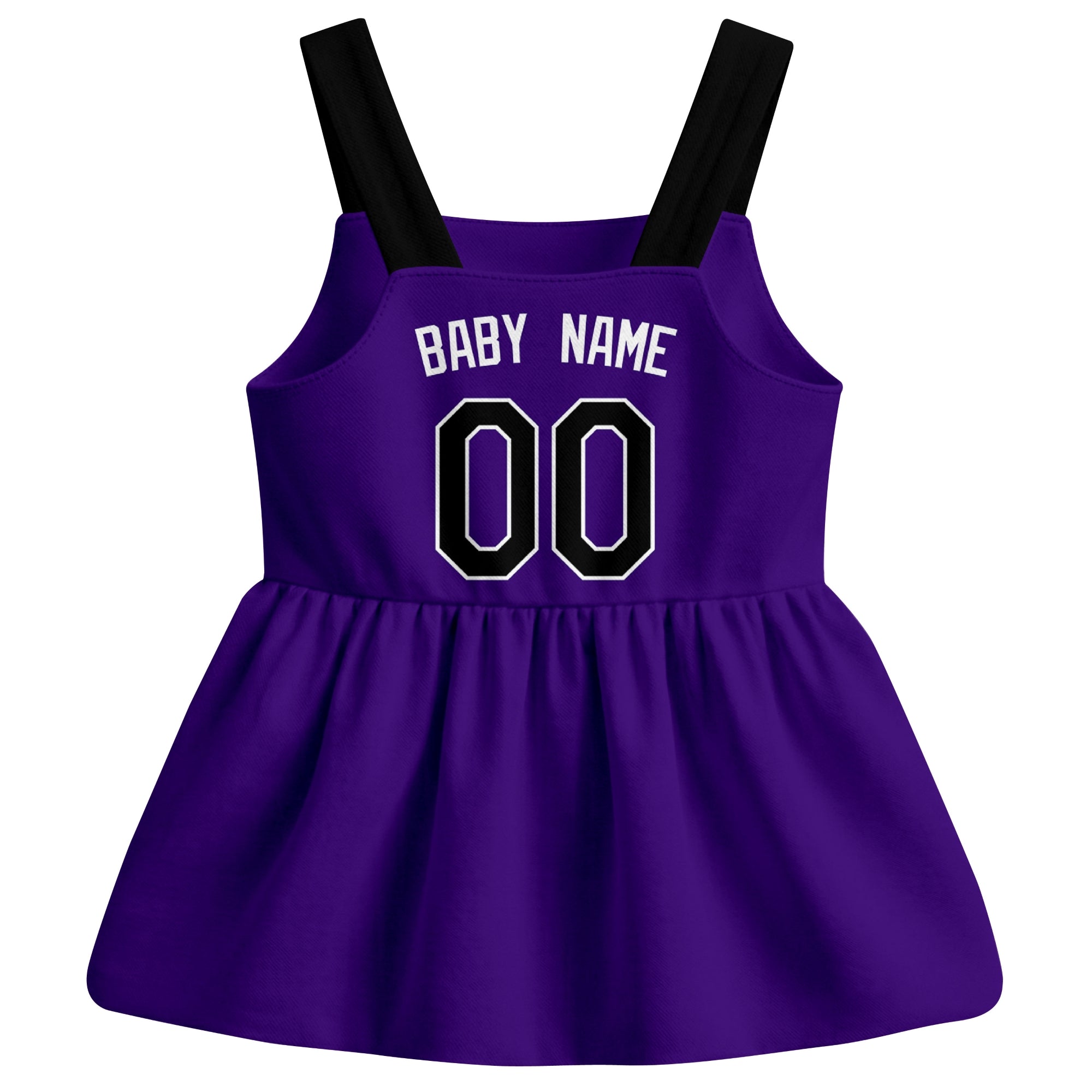 Purple Colorado-inspired baseball baby strap dress back view with custom baby name and number