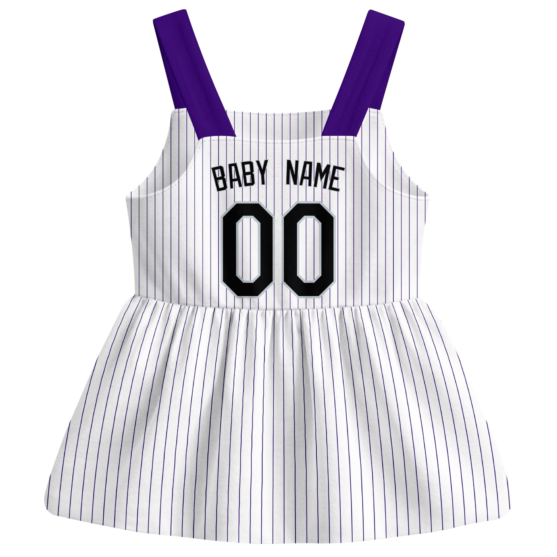 White Colorado-inspired baseball baby strap dress back view with custom baby name and number