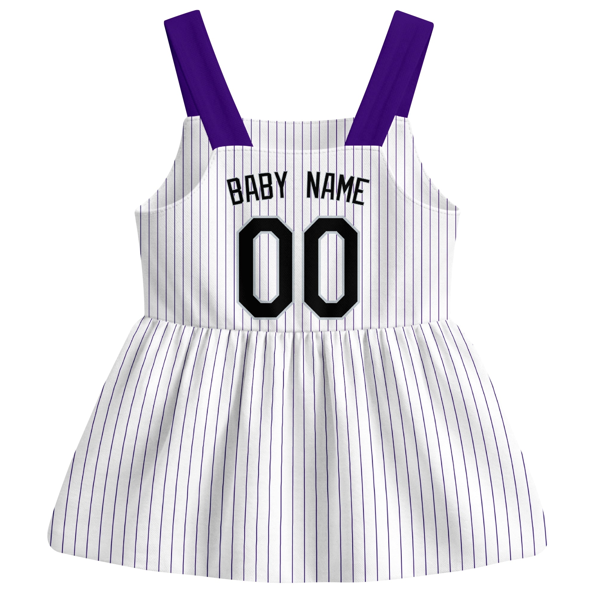White Colorado-inspired baseball baby strap dress back view with custom baby name and number