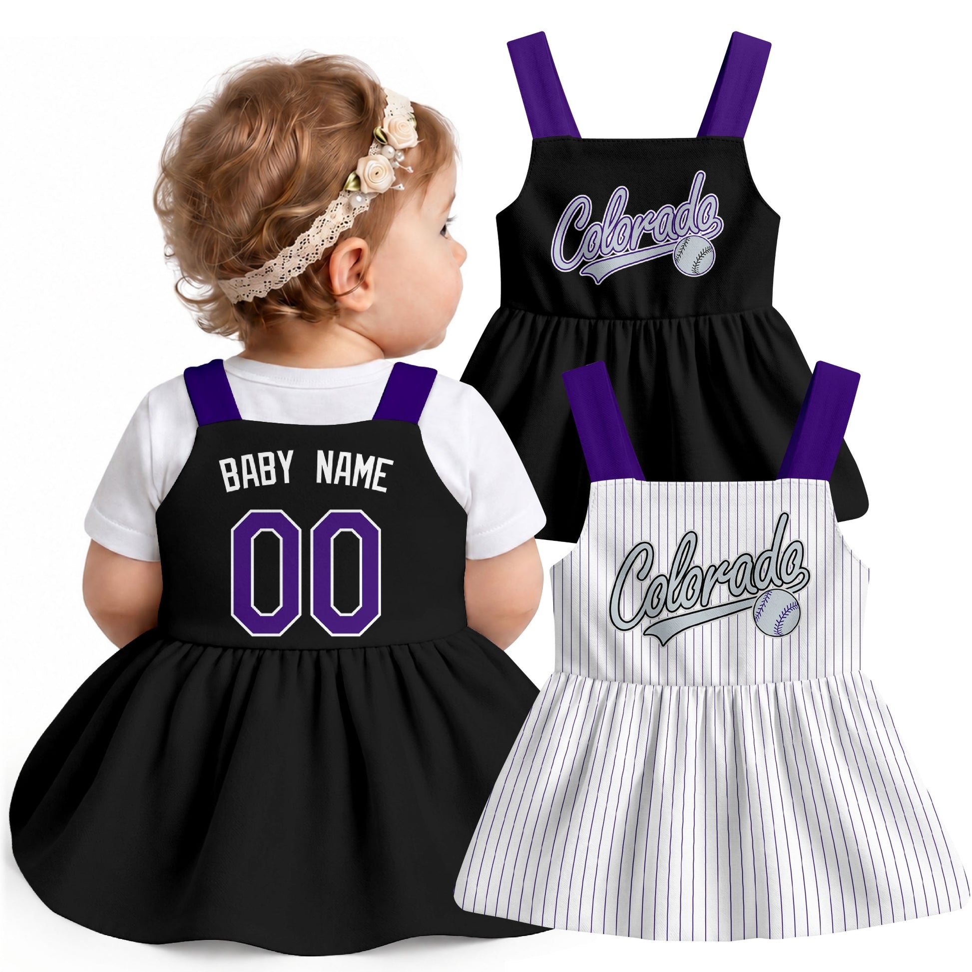 Colorado-inspired baseball baby strap dress modeled in Black, with Black and White front designs shown