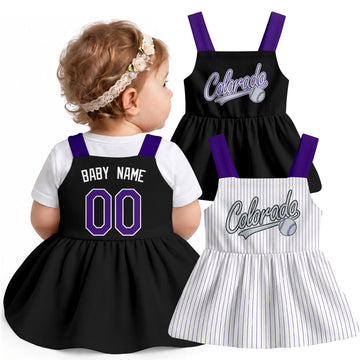 Colorado-inspired baseball baby strap dress modeled in Black, with Black and White front designs shown