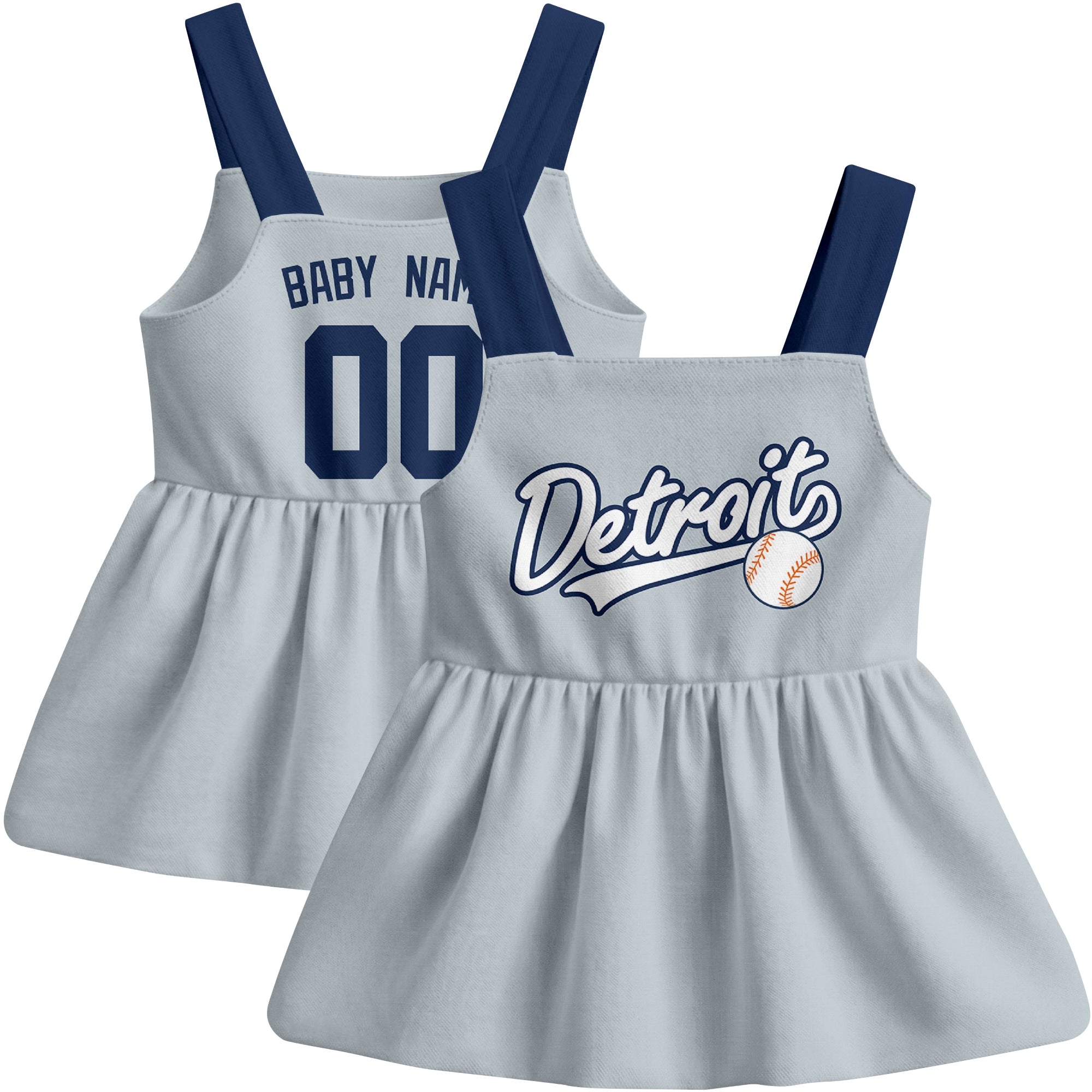Gray Detroit-inspired baseball baby strap dress front and back view with custom name and number