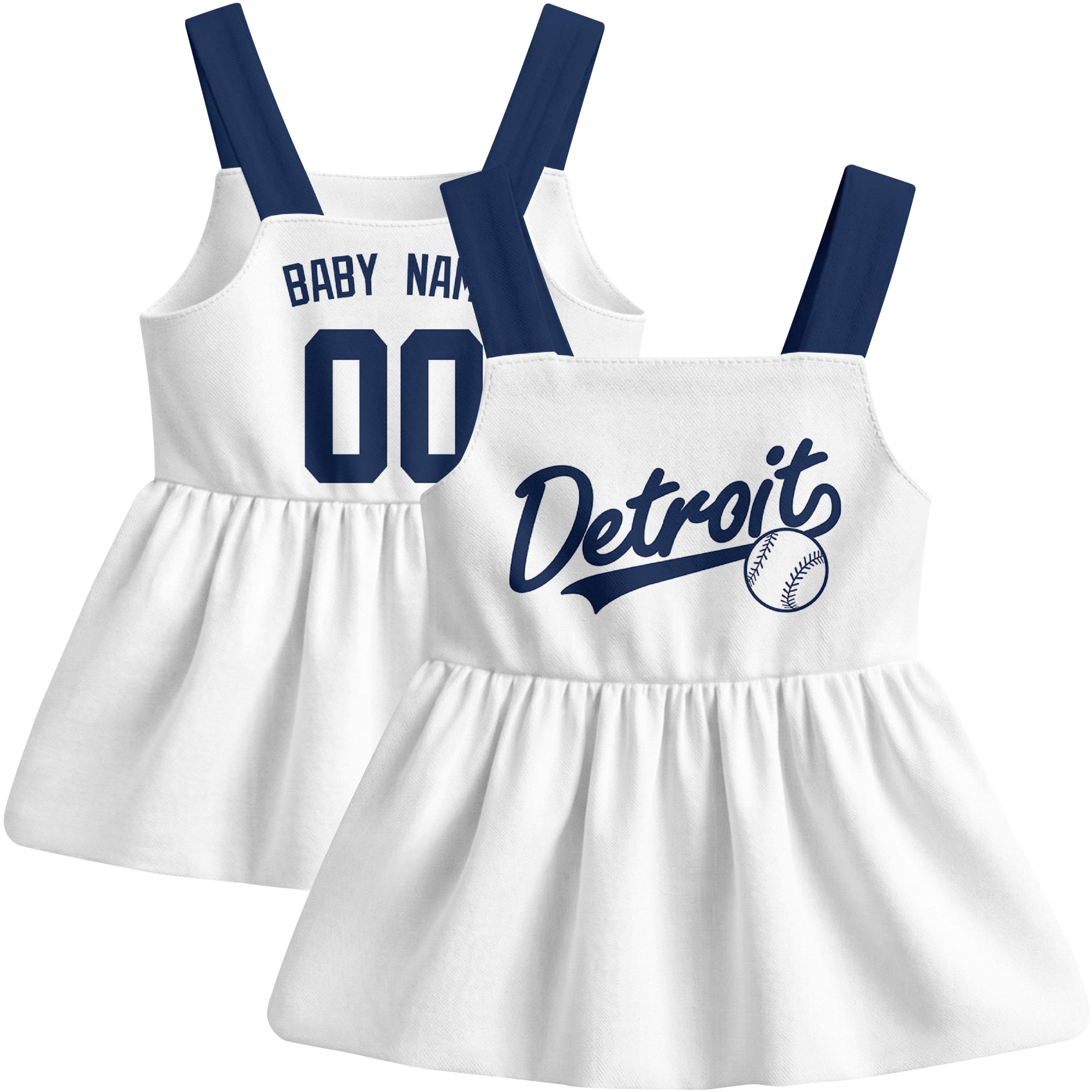 White Detroit-inspired baseball baby strap dress front and back view with custom name and number