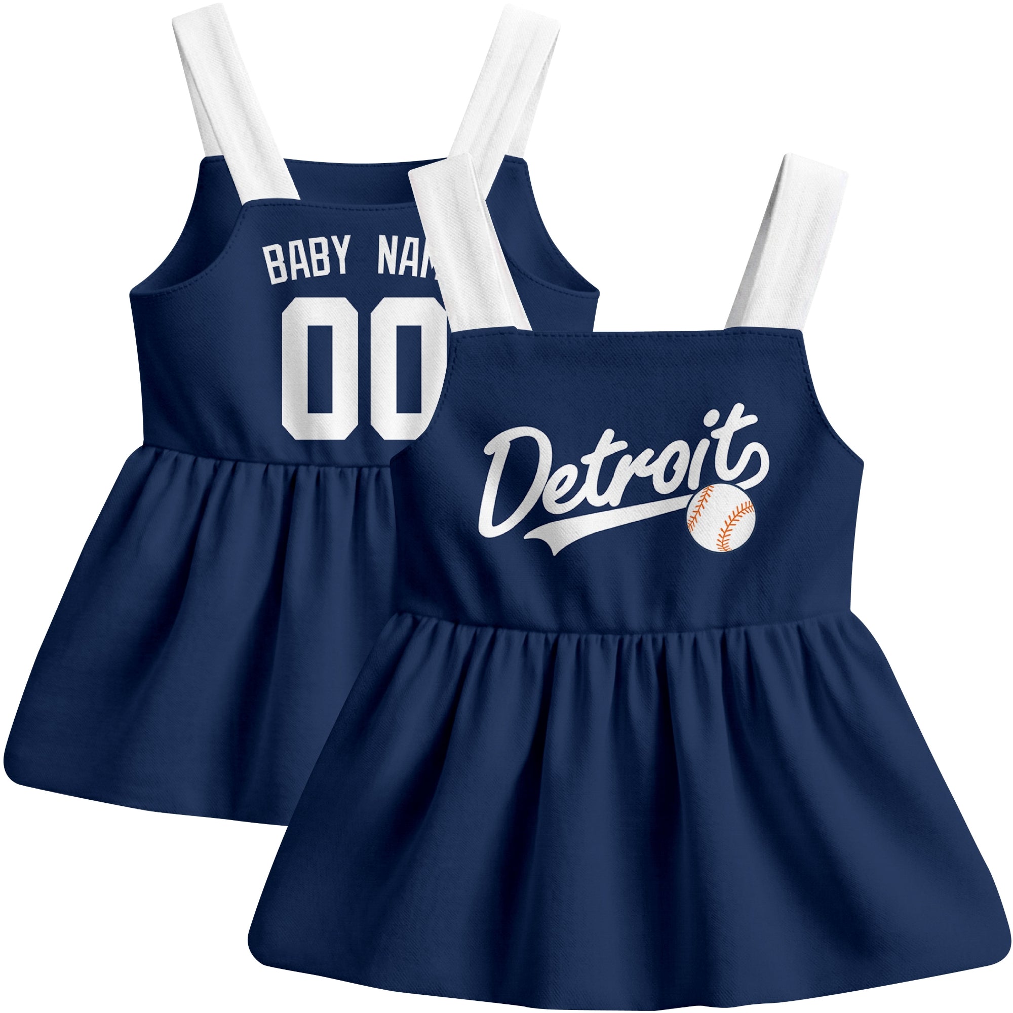 Navy Detroit-inspired baseball baby strap dress front and back view with custom name and number