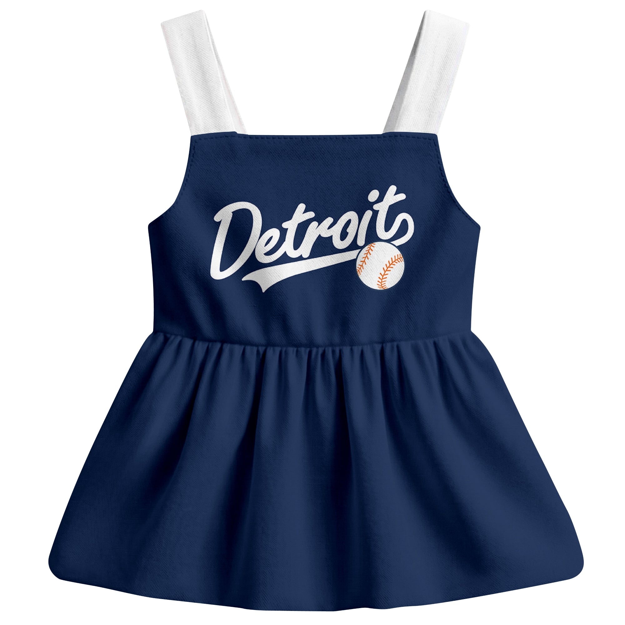 Navy Detroit-inspired baseball baby strap dress front view with bold baseball graphic