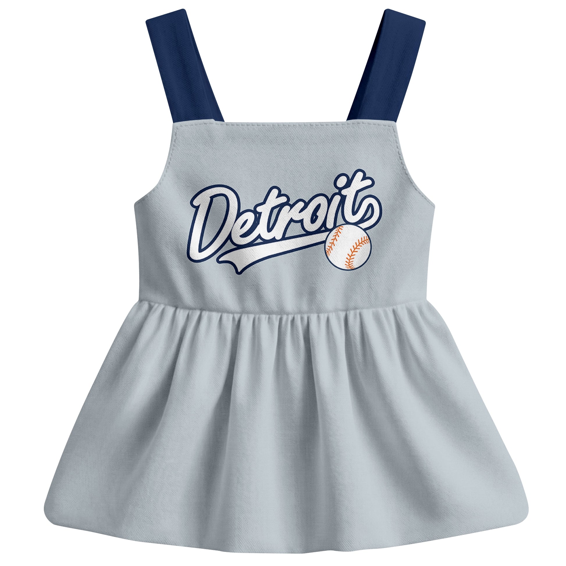 Gray Detroit-inspired baseball baby strap dress front view with bold baseball graphic