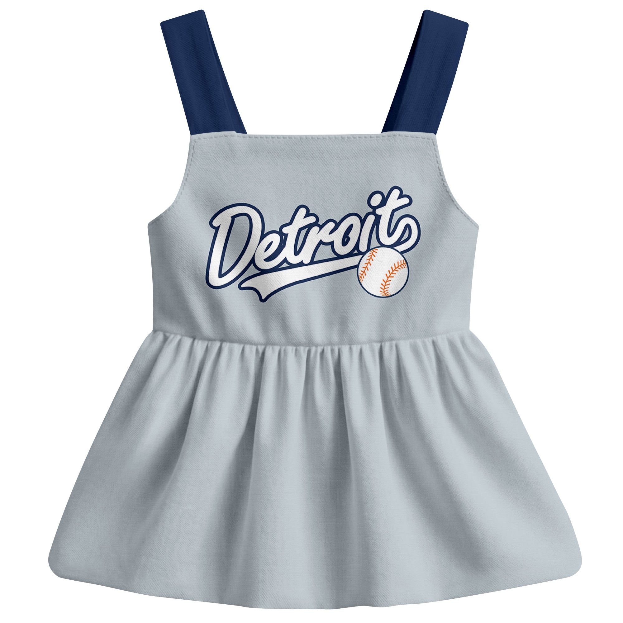 Gray Detroit-inspired baseball baby strap dress front view with bold baseball graphic