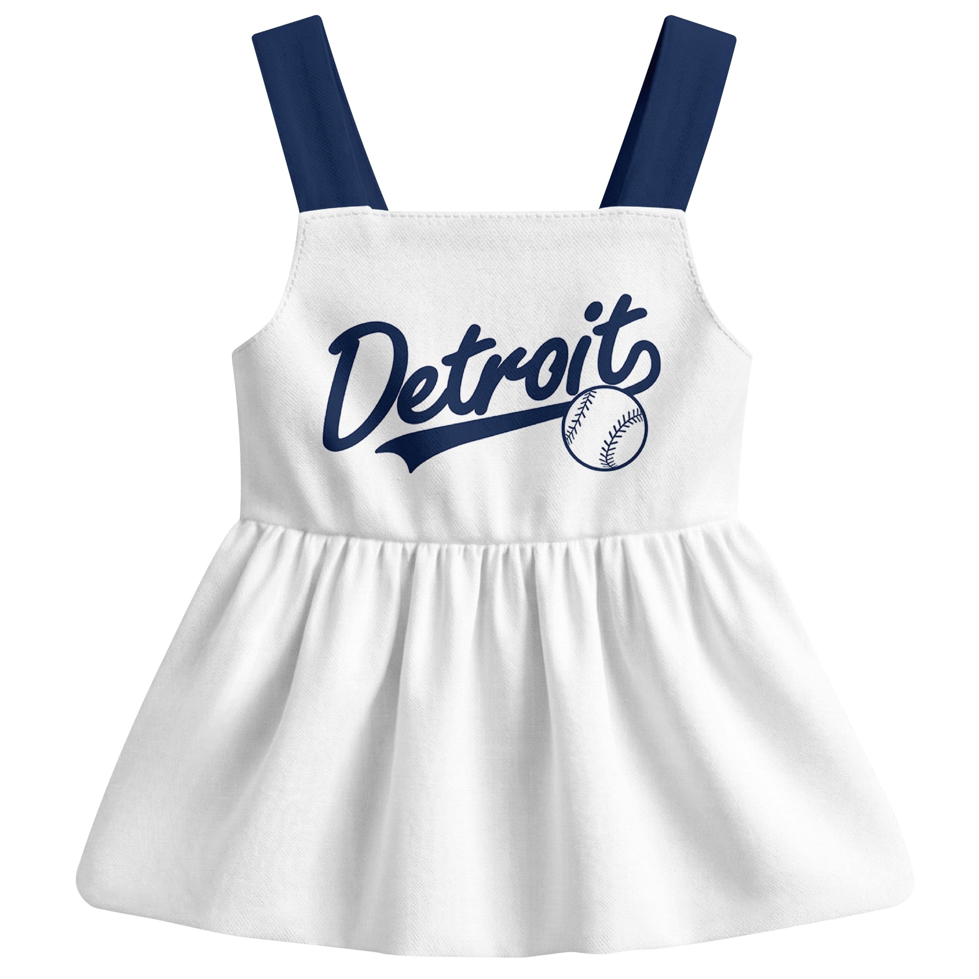 White Detroit-inspired baseball baby strap dress front view with bold baseball graphic