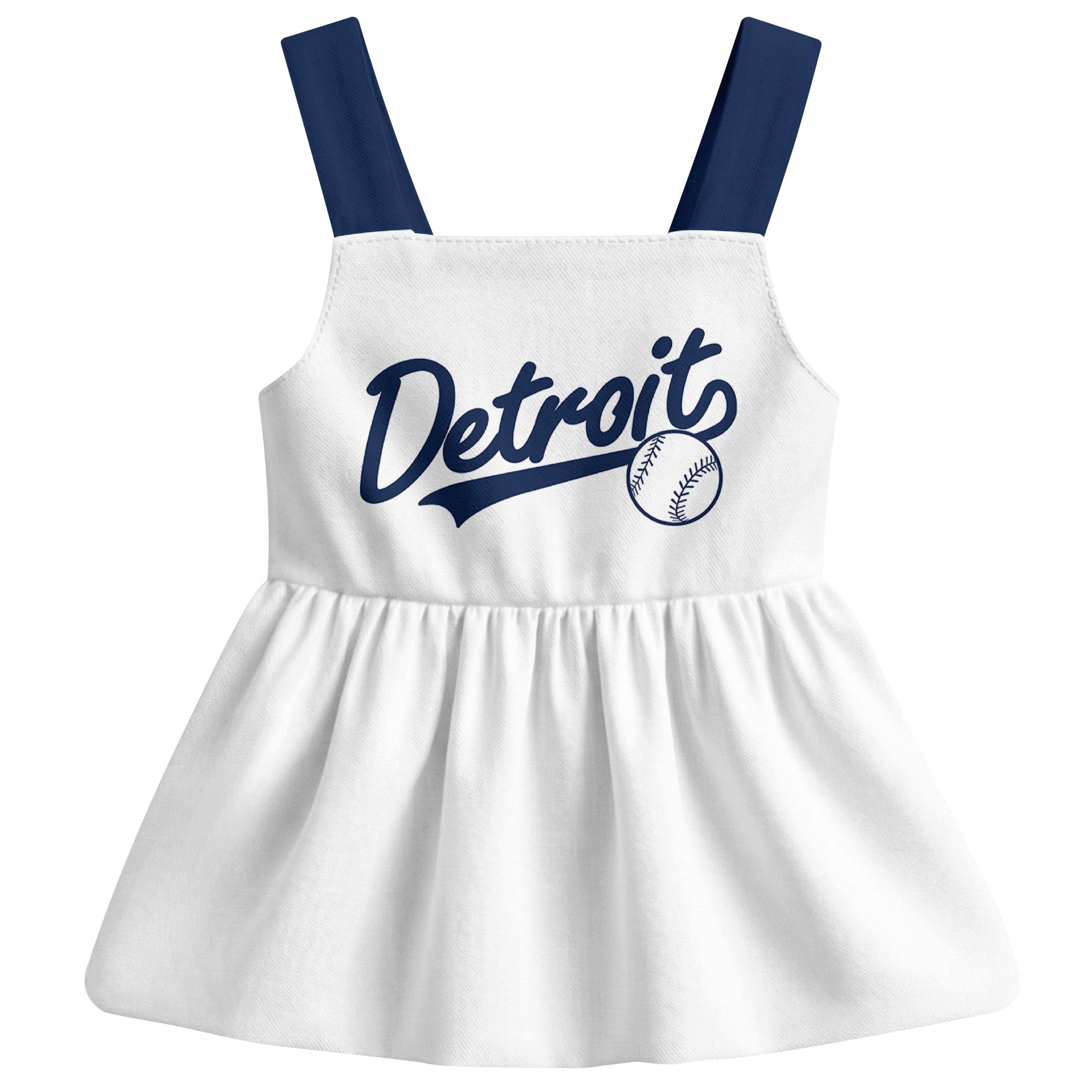 White Detroit-inspired baseball baby strap dress front view with bold baseball graphic