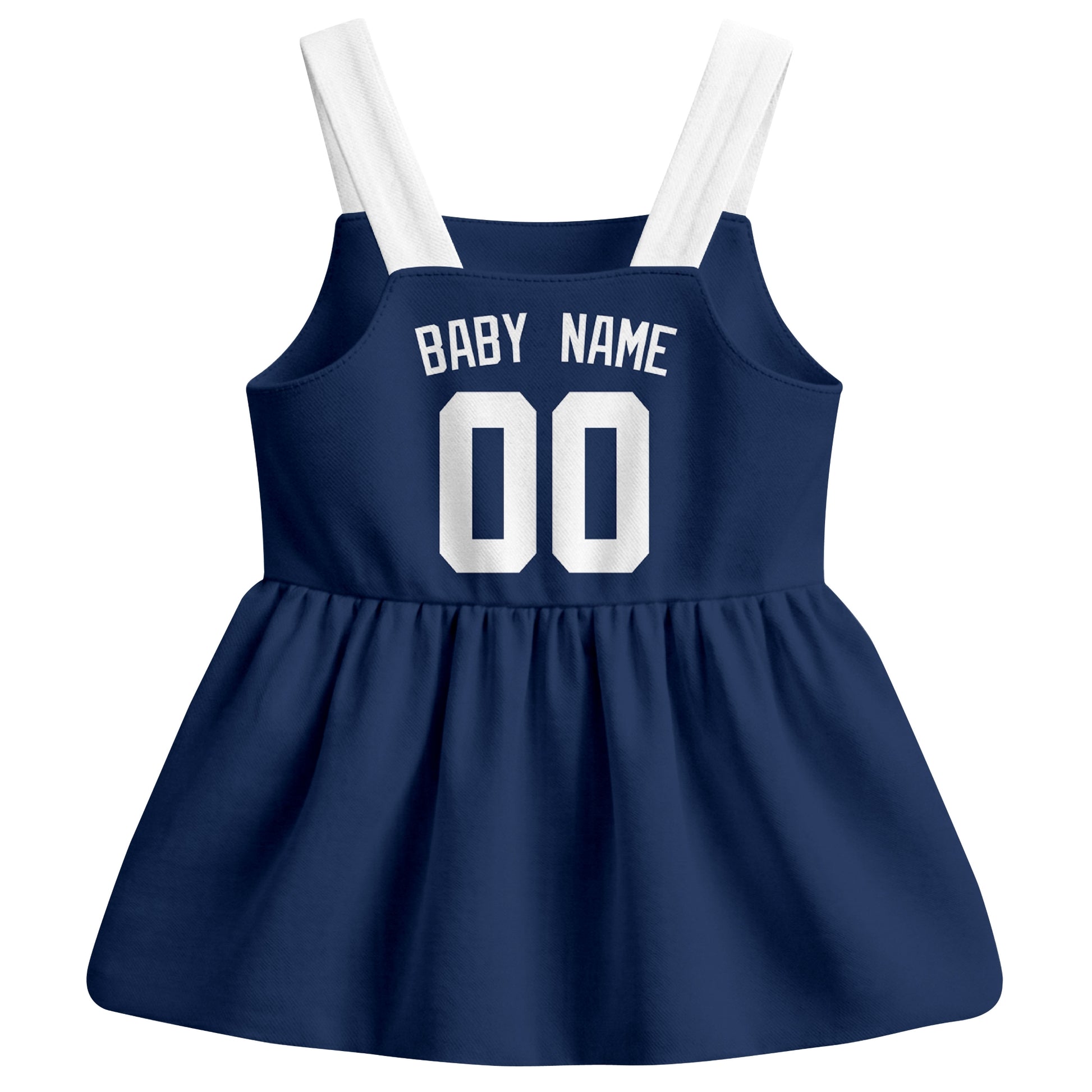 Navy Detroit-inspired baseball baby strap dress back view with custom baby name and number