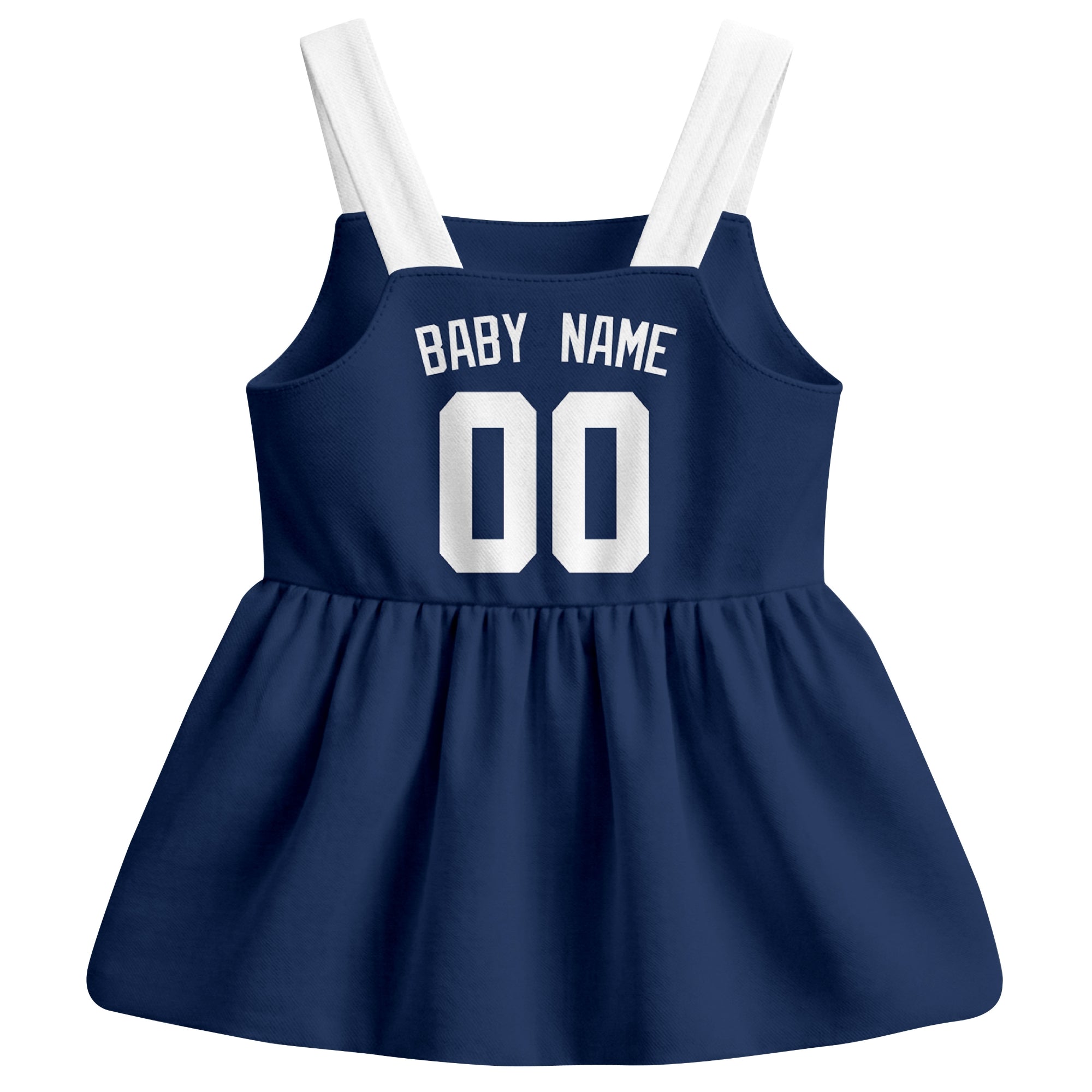 Navy Detroit-inspired baseball baby strap dress back view with custom baby name and number