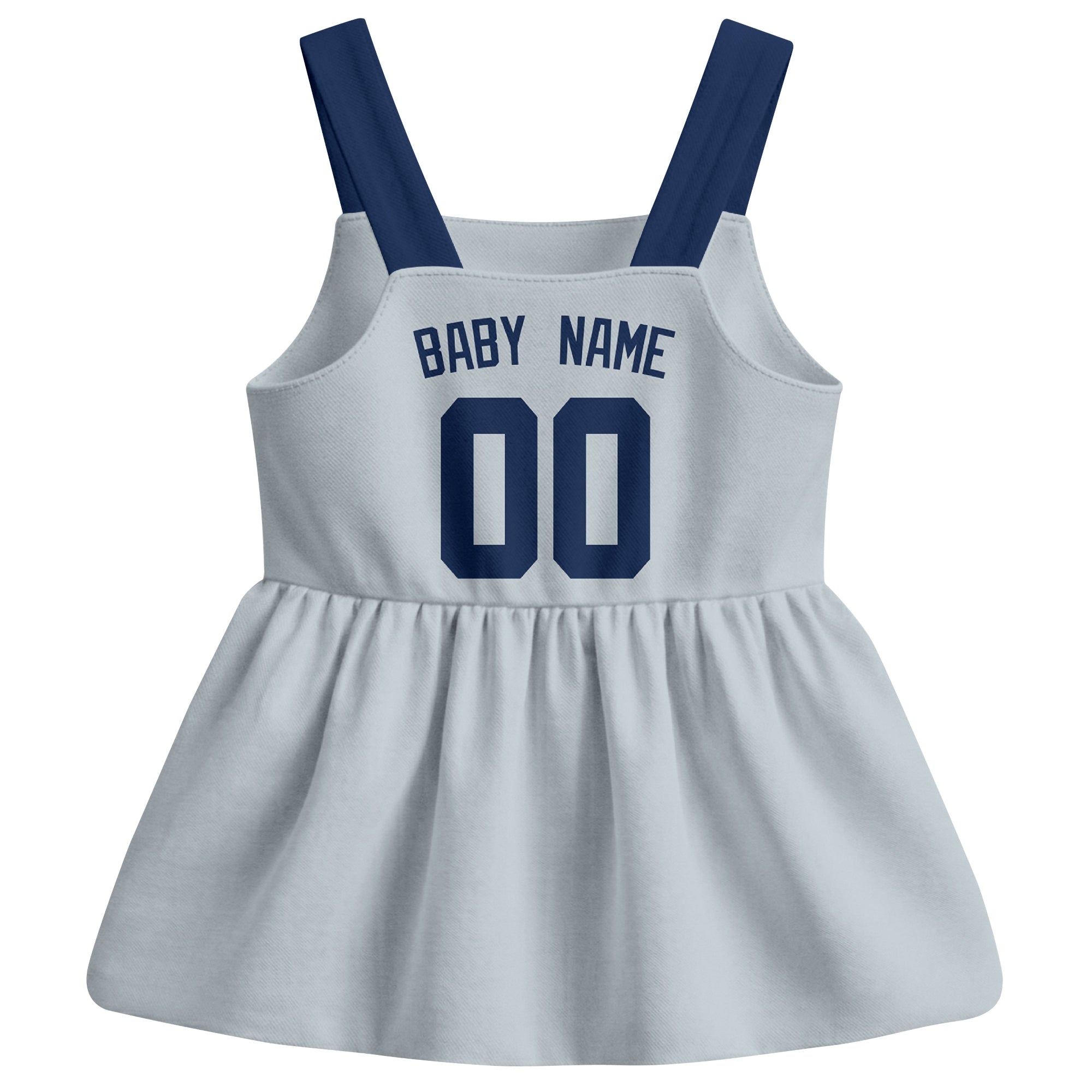 Gray Detroit-inspired baseball baby strap dress back view with custom baby name and number