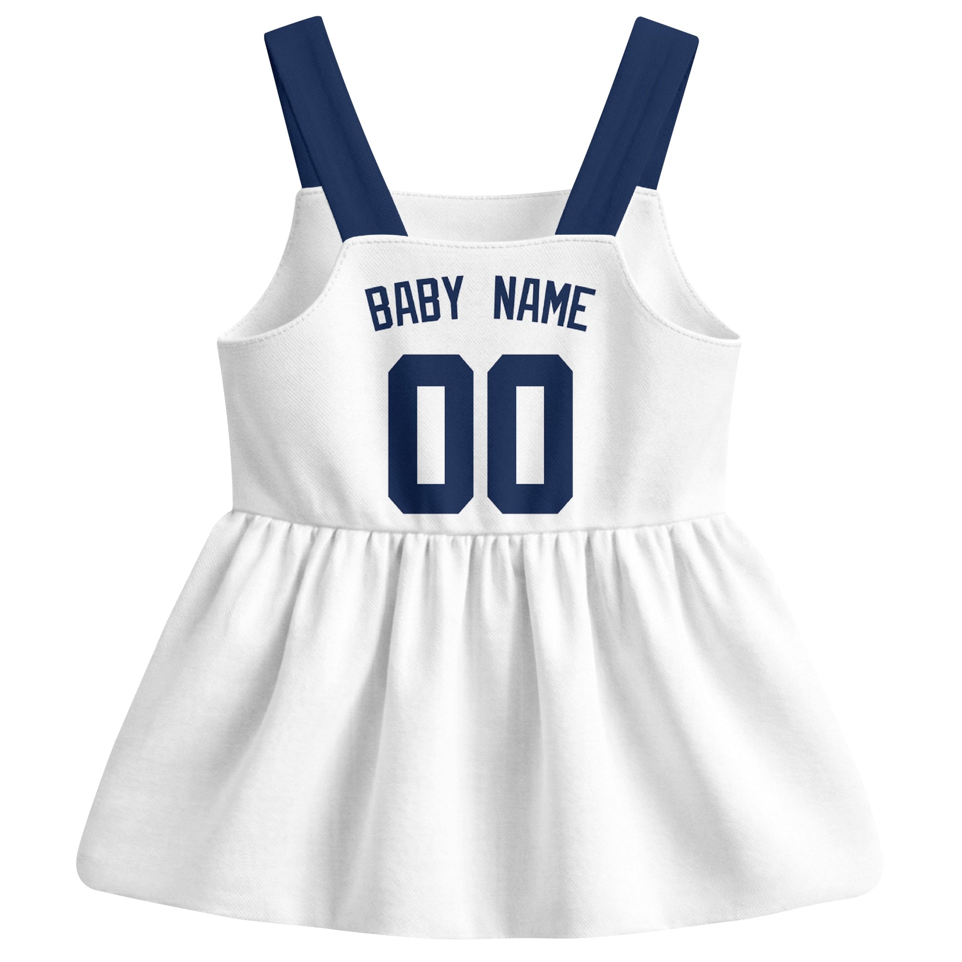 White Detroit-inspired baseball baby strap dress back view with custom baby name and number