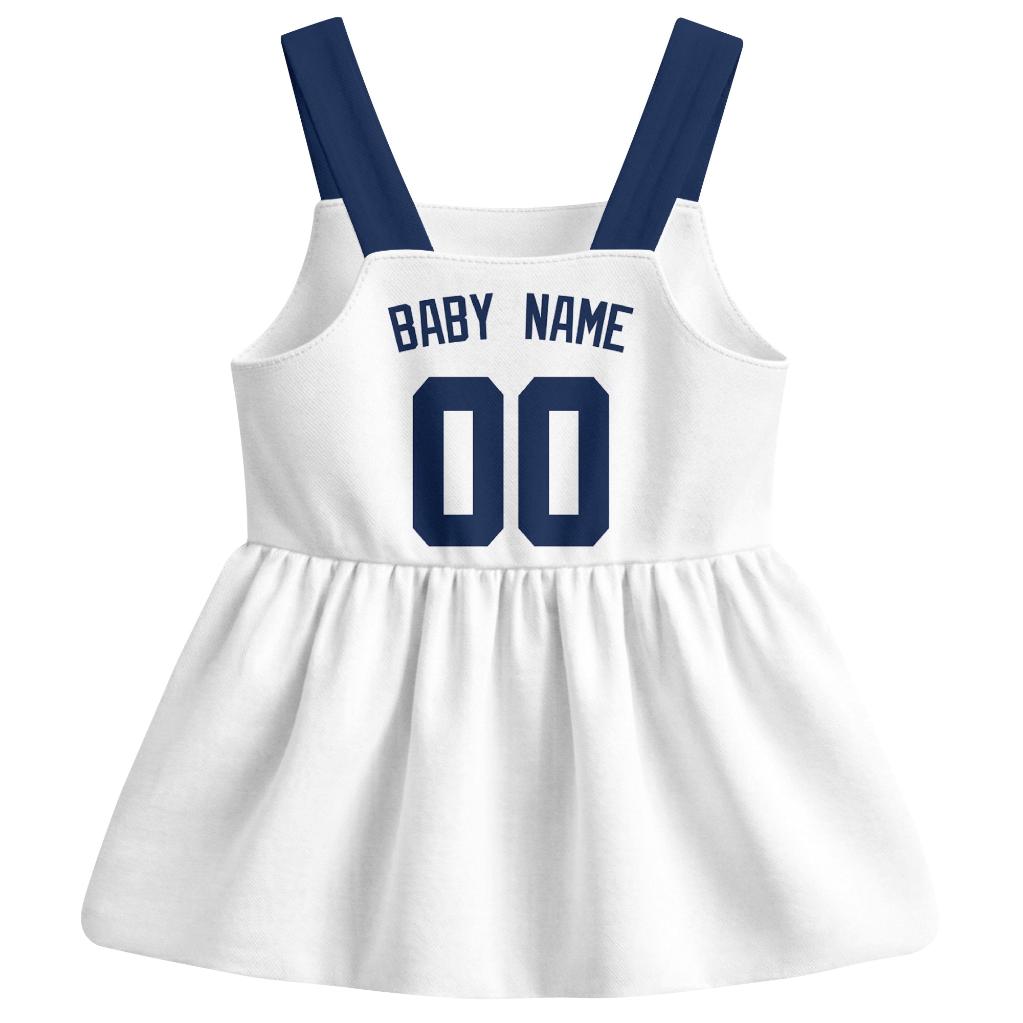 White Detroit-inspired baseball baby strap dress back view with custom baby name and number