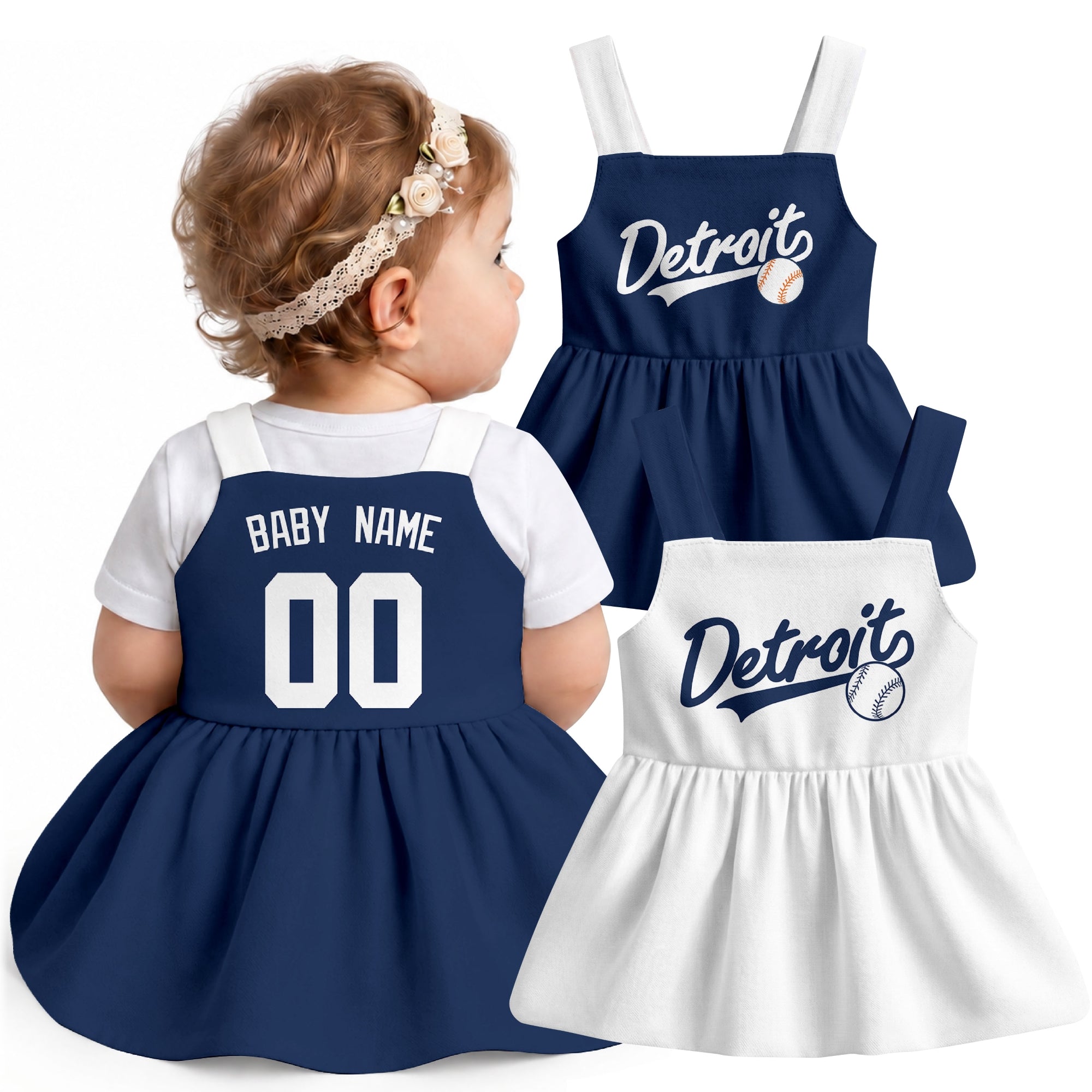 Detroit-inspired baseball baby strap dress modeled in Navy, with Navy and White front designs shown